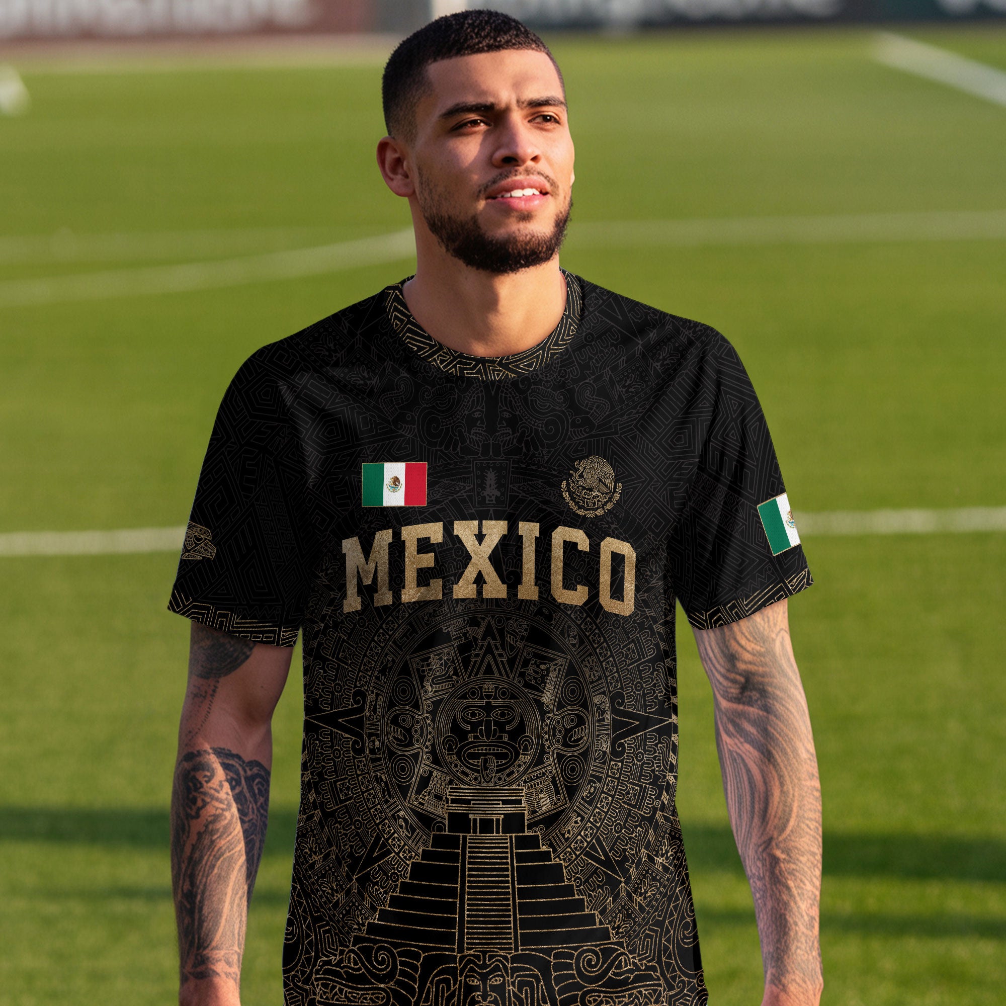 Mexico Soccer Jersey Black Gold Aztec Calendar Eagle Emblem Design