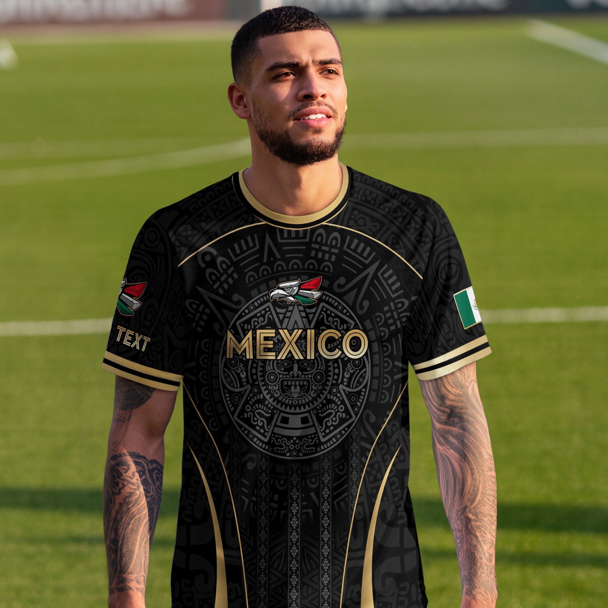 Custom Mexico Soccer Jersey Black Gold Aztec Calendar Design