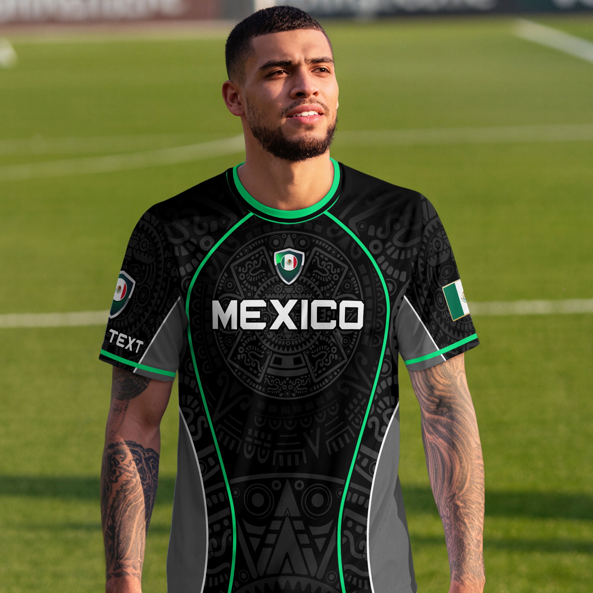 Custom Mexico Soccer Jersey Black Green Aztec Pattern Design