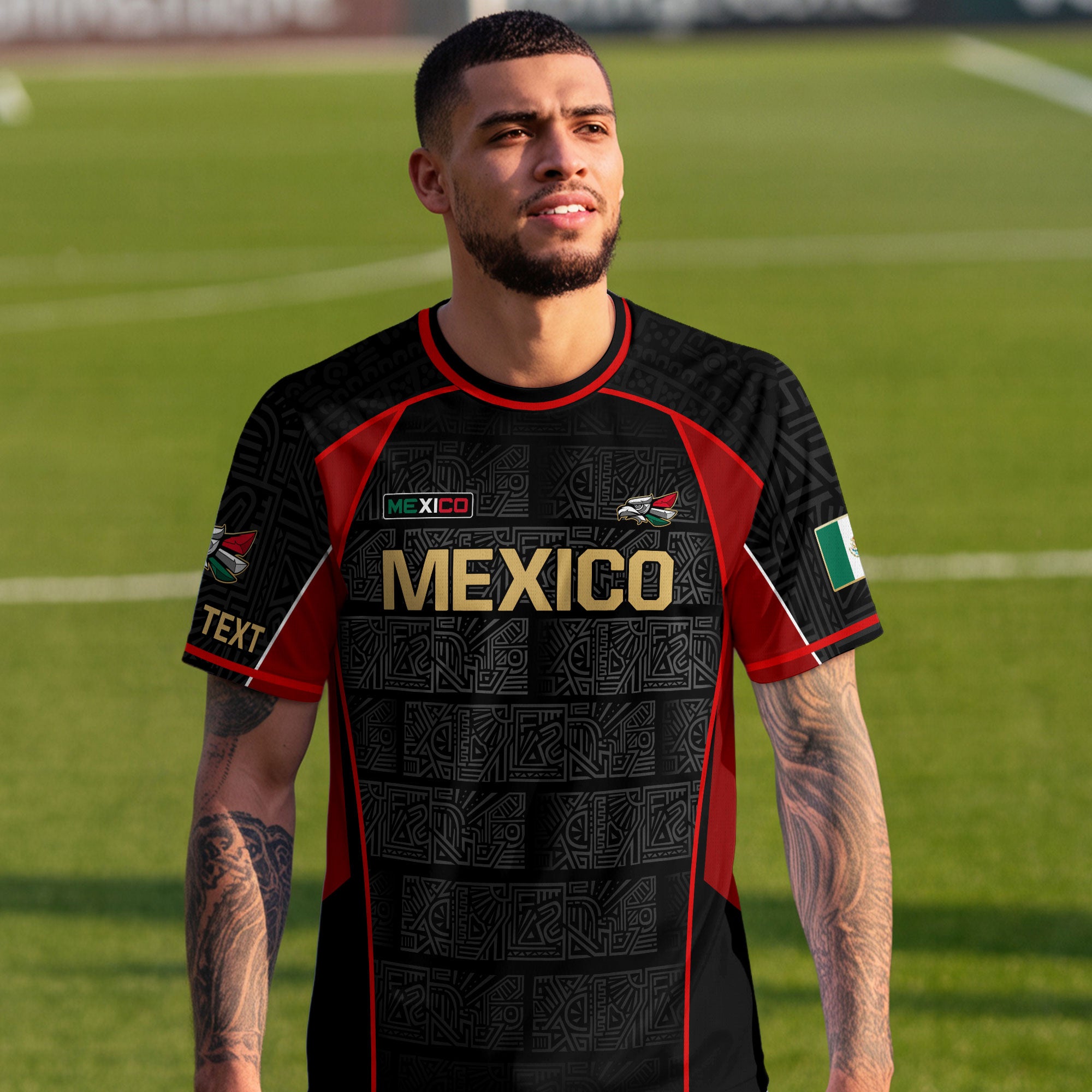 Custom Mexico Soccer Jersey Black Red Gold Aztec Pattern Design