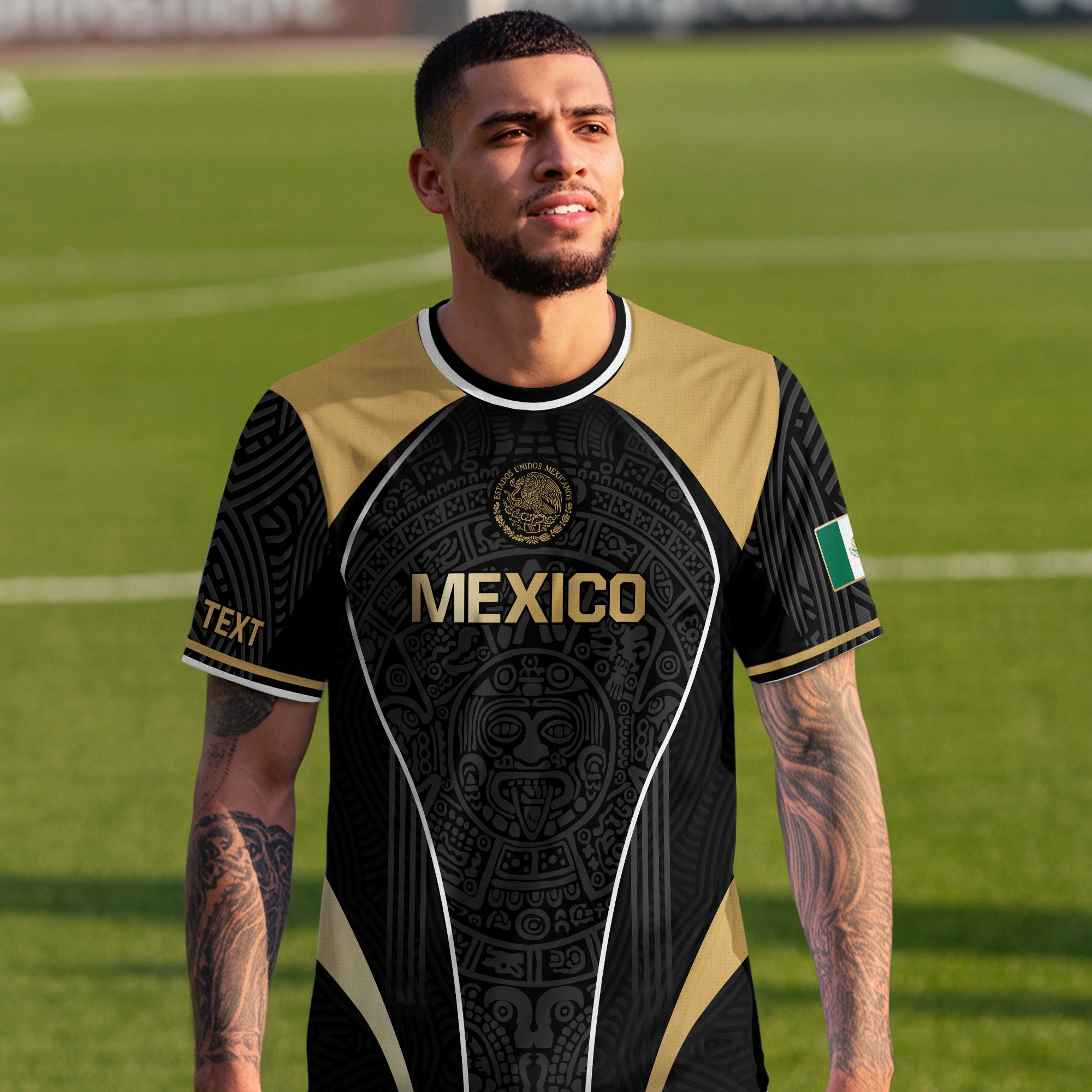Custom Mexico Soccer Jersey Black Gold Heritage Aztec Pattern Design