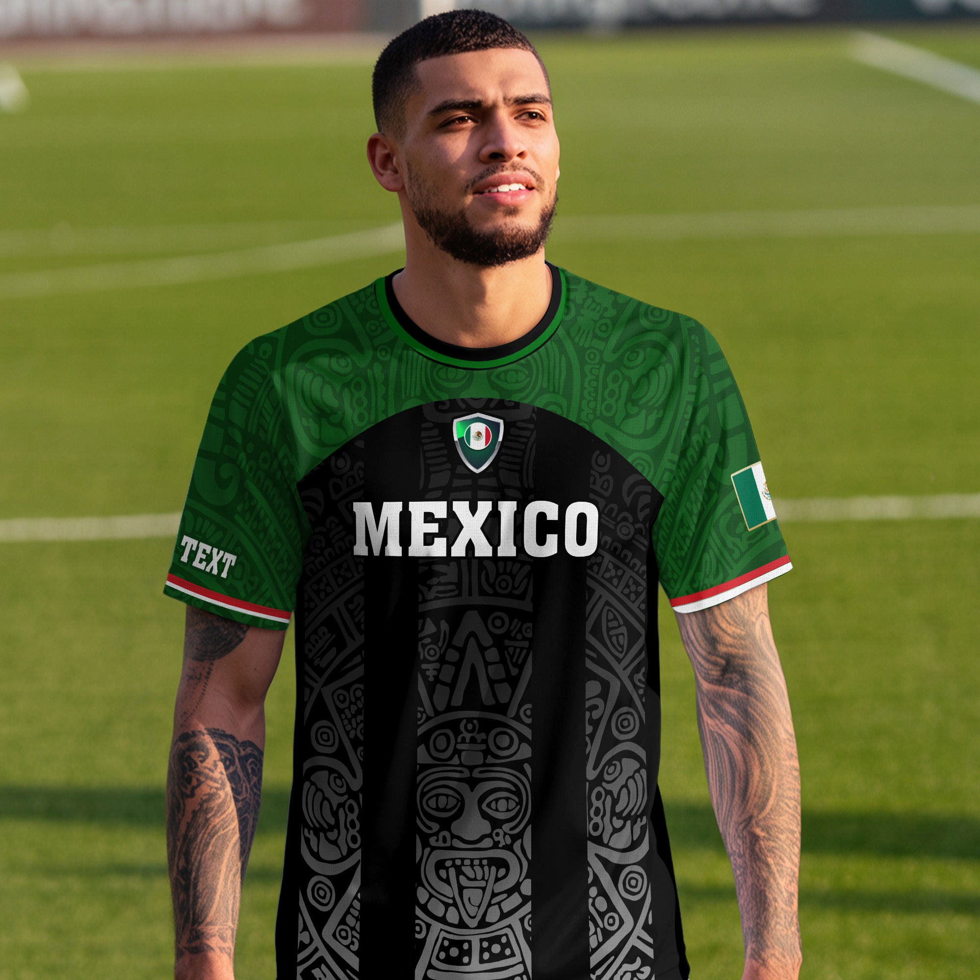Custom Mexico Soccer Jersey Green Black Aztec Stripe Design