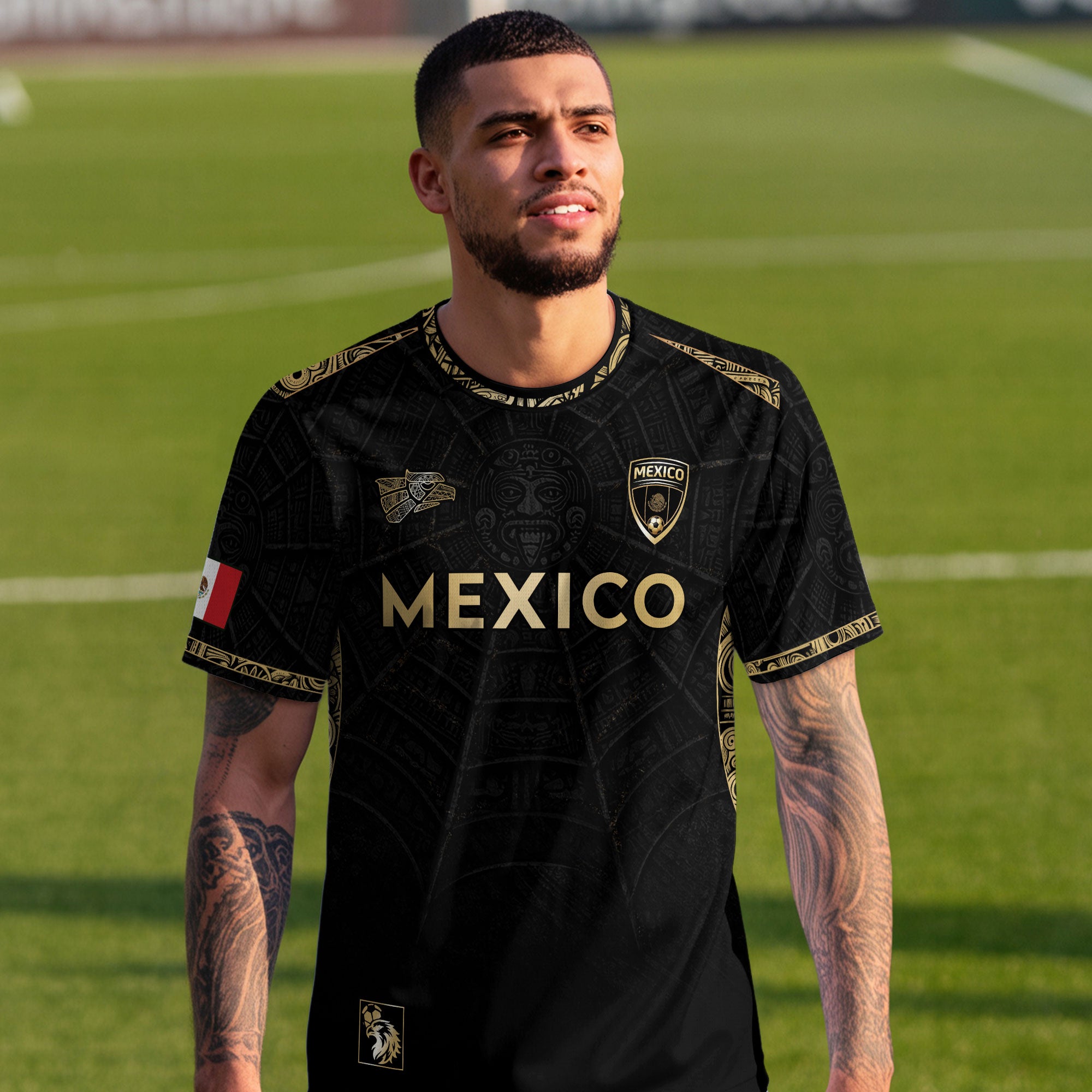 Camiseta de fútbol premium con emblema de águila azteca verde y dorado de México