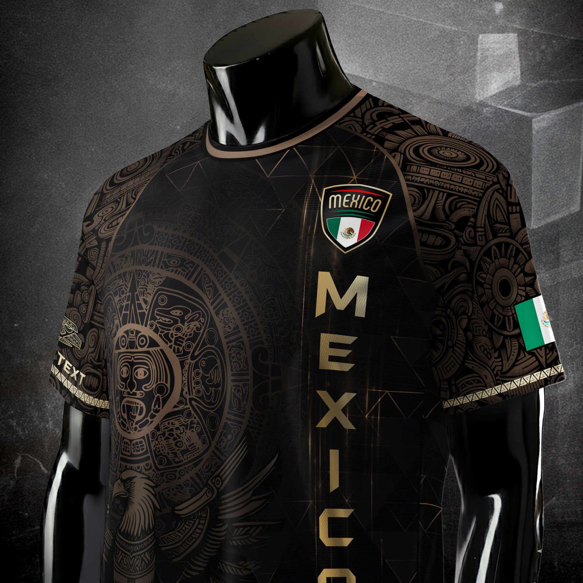 Custom Mexico Soccer Jersey Black Gold Aztec Heritage Design