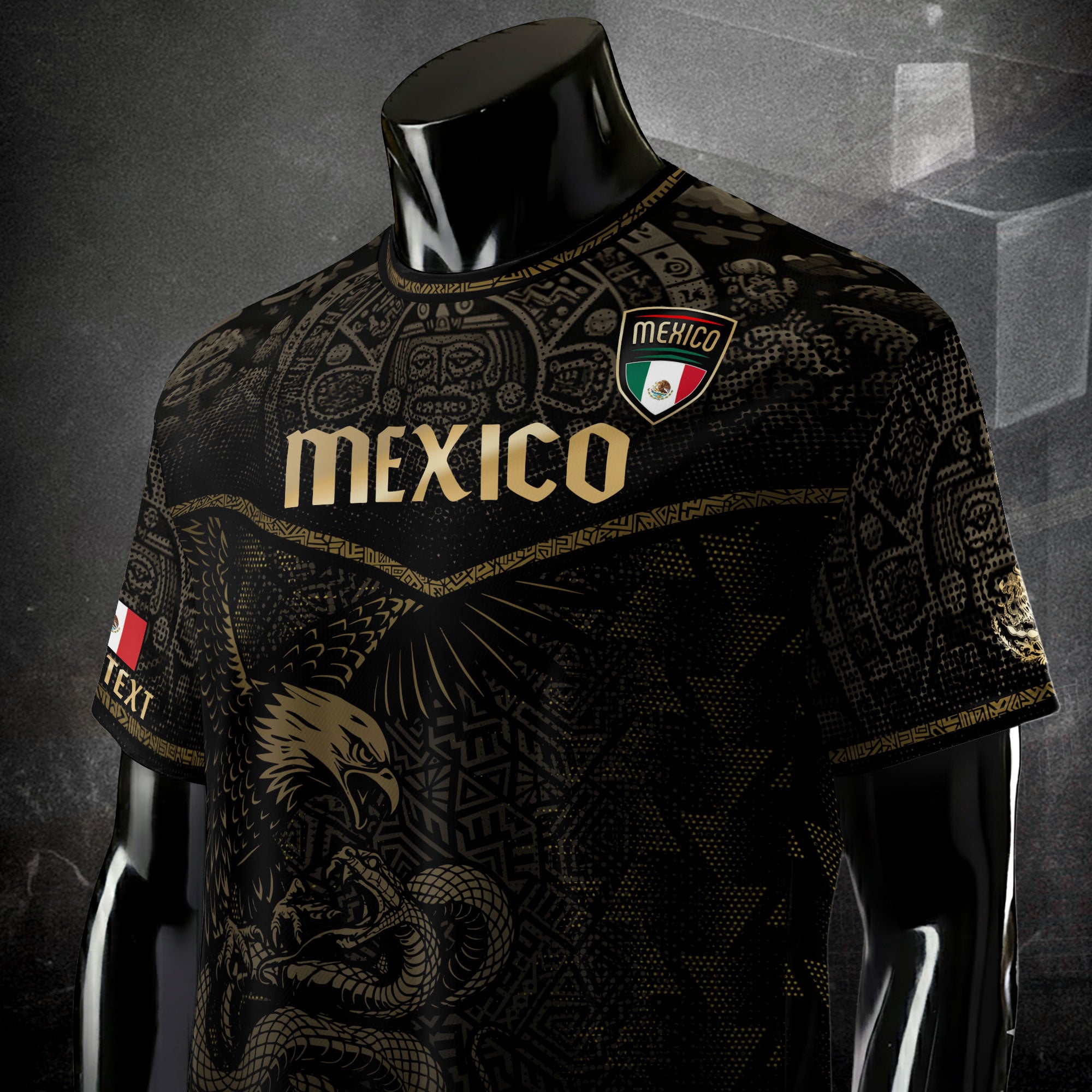 Custom Mexico Soccer Jersey Black Gold Aztec Eagle Serpent Design