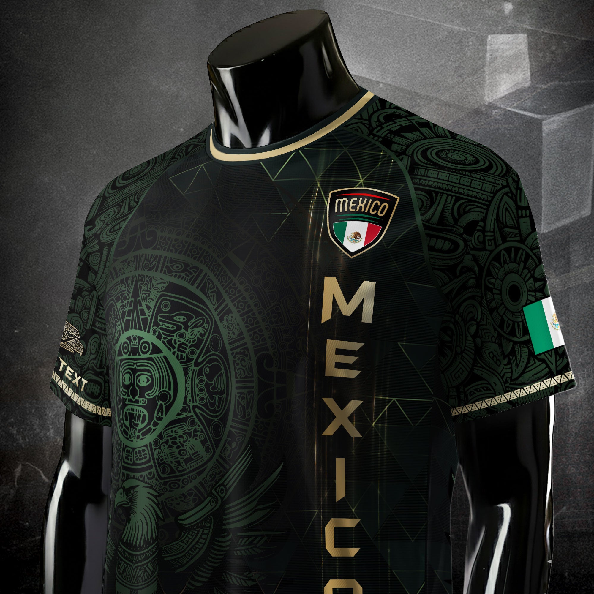 Custom Mexico Soccer Jersey Black Gold Heritage Aztec Calendar Design