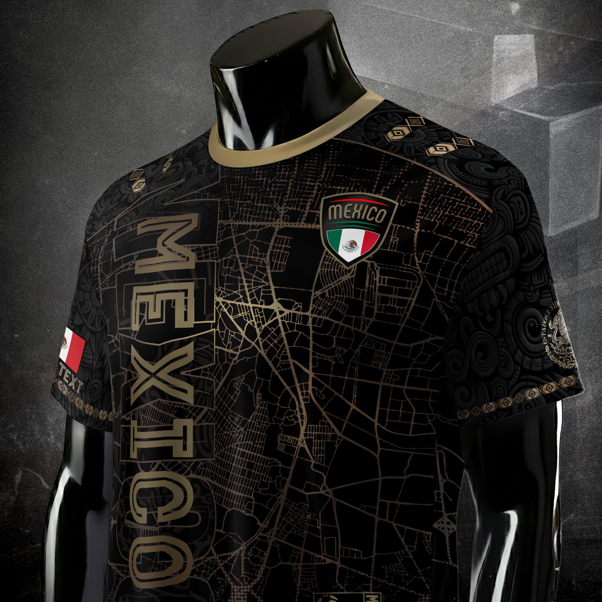 Custom Mexico Soccer Jersey Black Gold Heritage Map Aztec Design