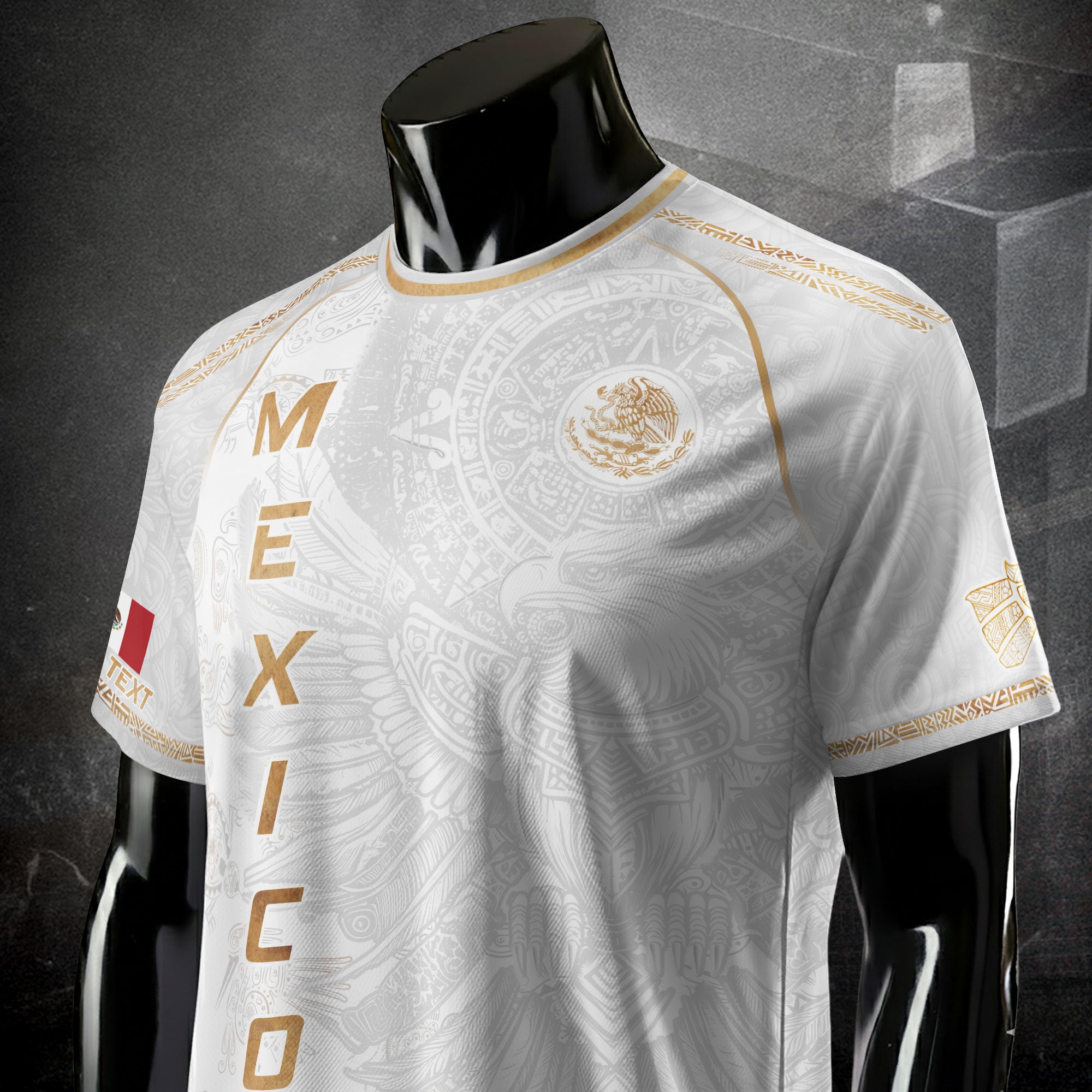 Custom Mexico Soccer Jersey White Gold Heritage Aztec Eagle Design