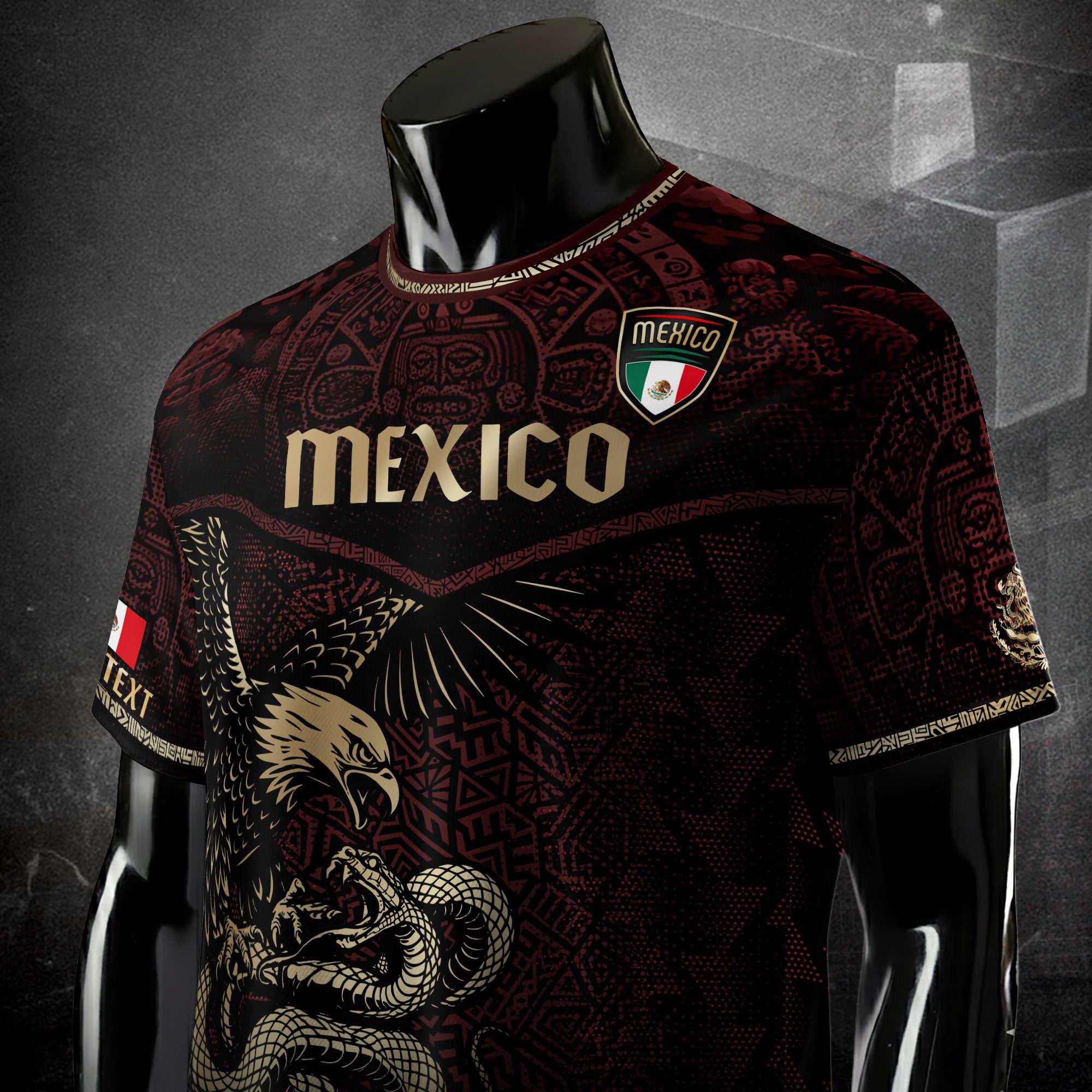 Custom Mexico Soccer Jersey Burgundy Gold Aztec Eagle Serpent Design
