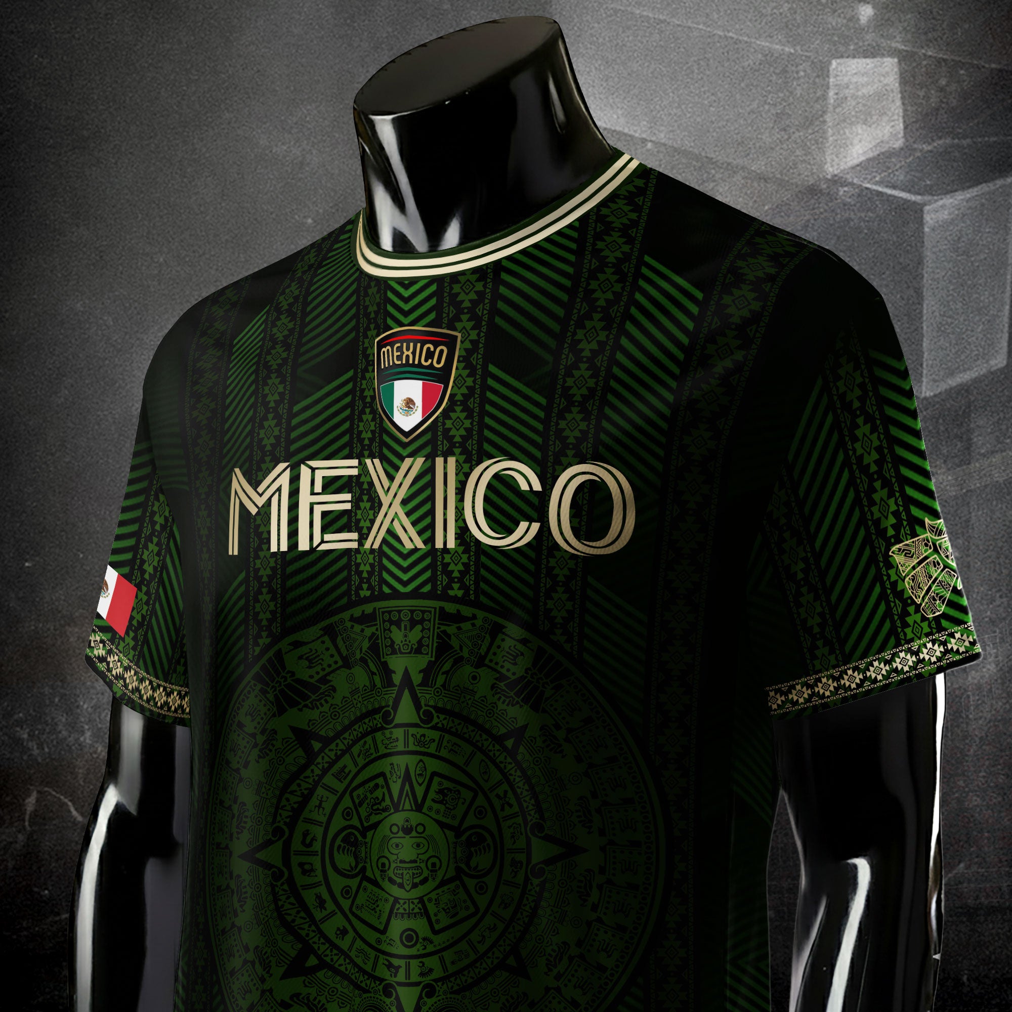 Mexico Green Soccer Jersey with Golden Aztec Calendar and Eagle Crest