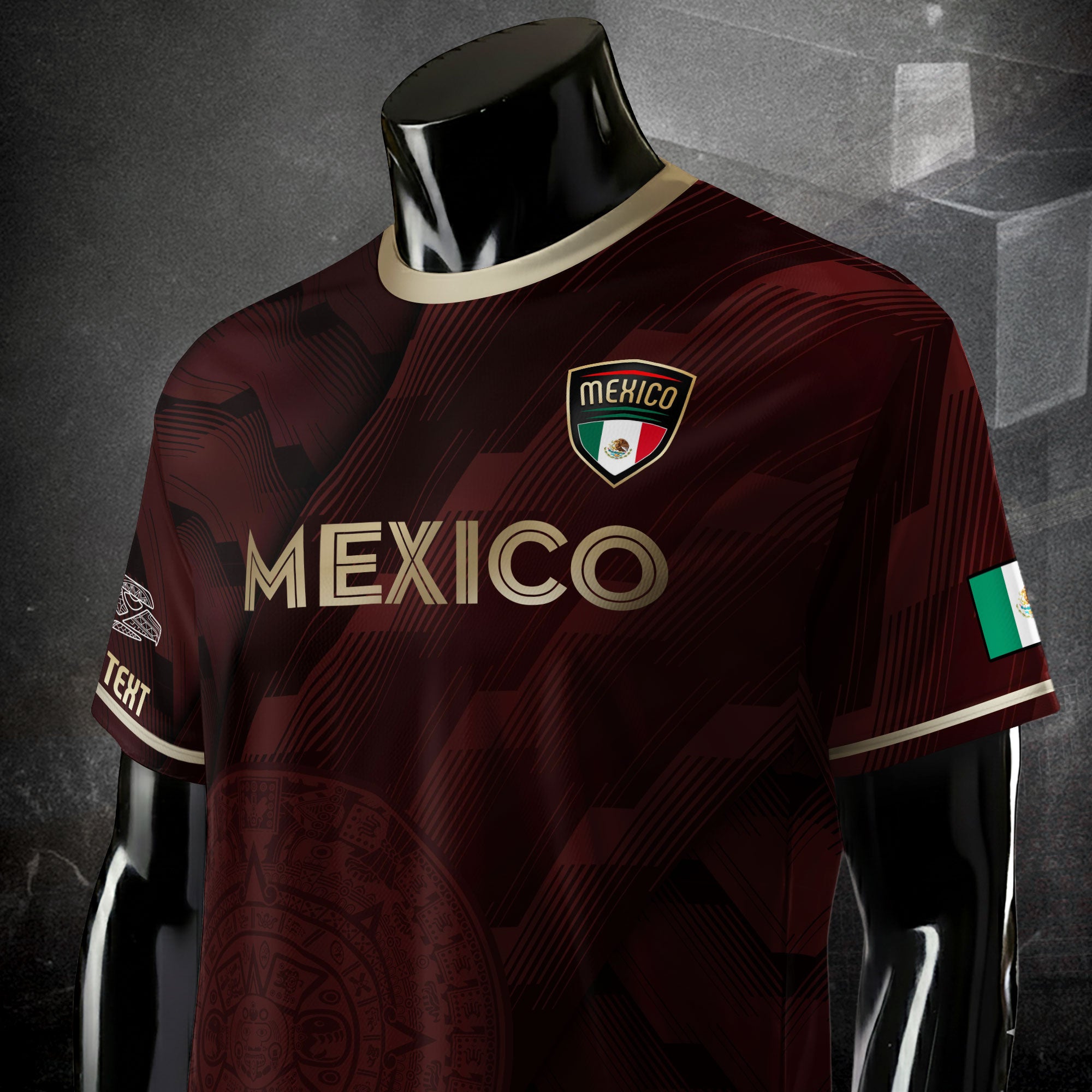 Custom Mexico Maroon Soccer Jersey with Golden Aztec Calendar Pattern