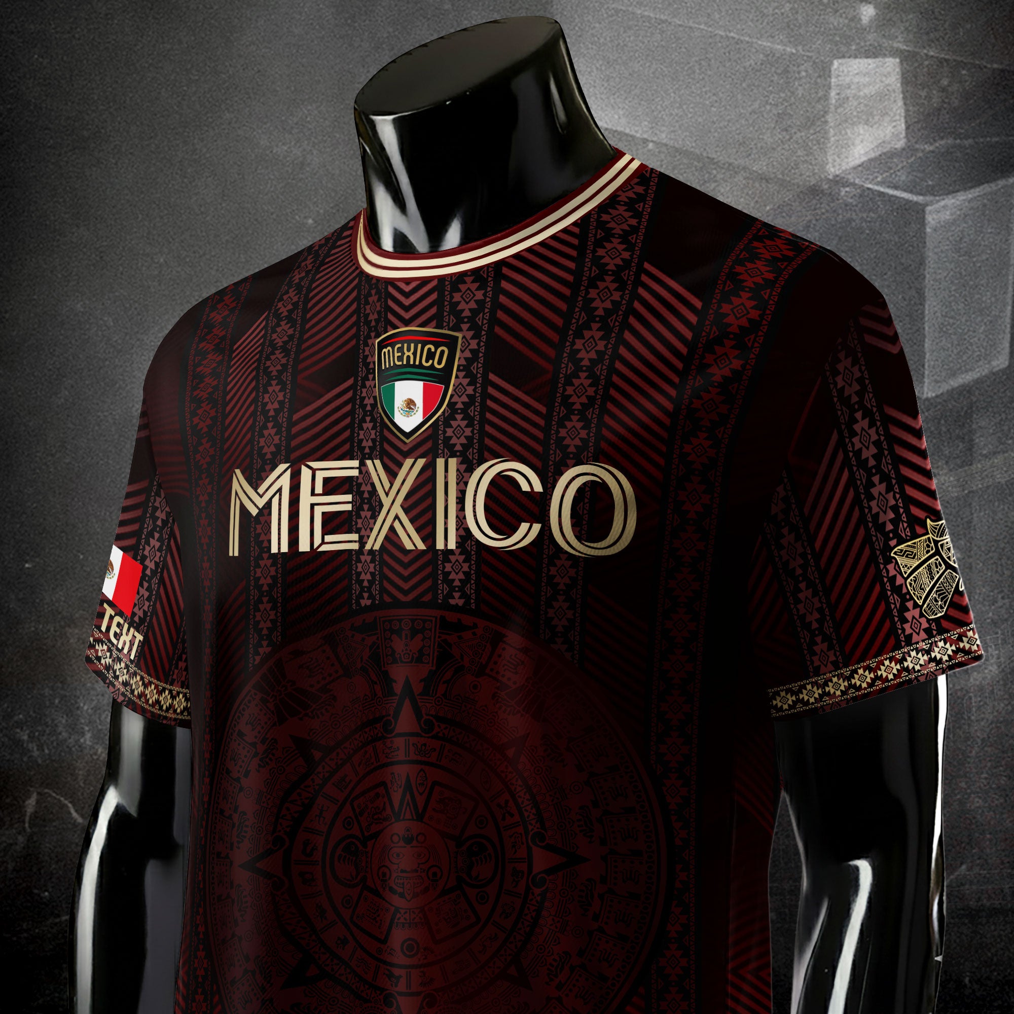 Custom Mexico Burgundy Soccer Jersey with Golden Aztec Calendar Design