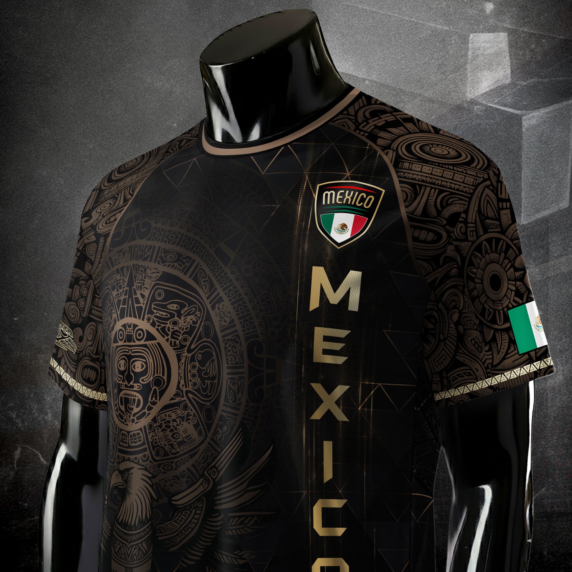 Camiseta de fútbol de México, color negro, dorado, calendario azteca y emblema del águila.