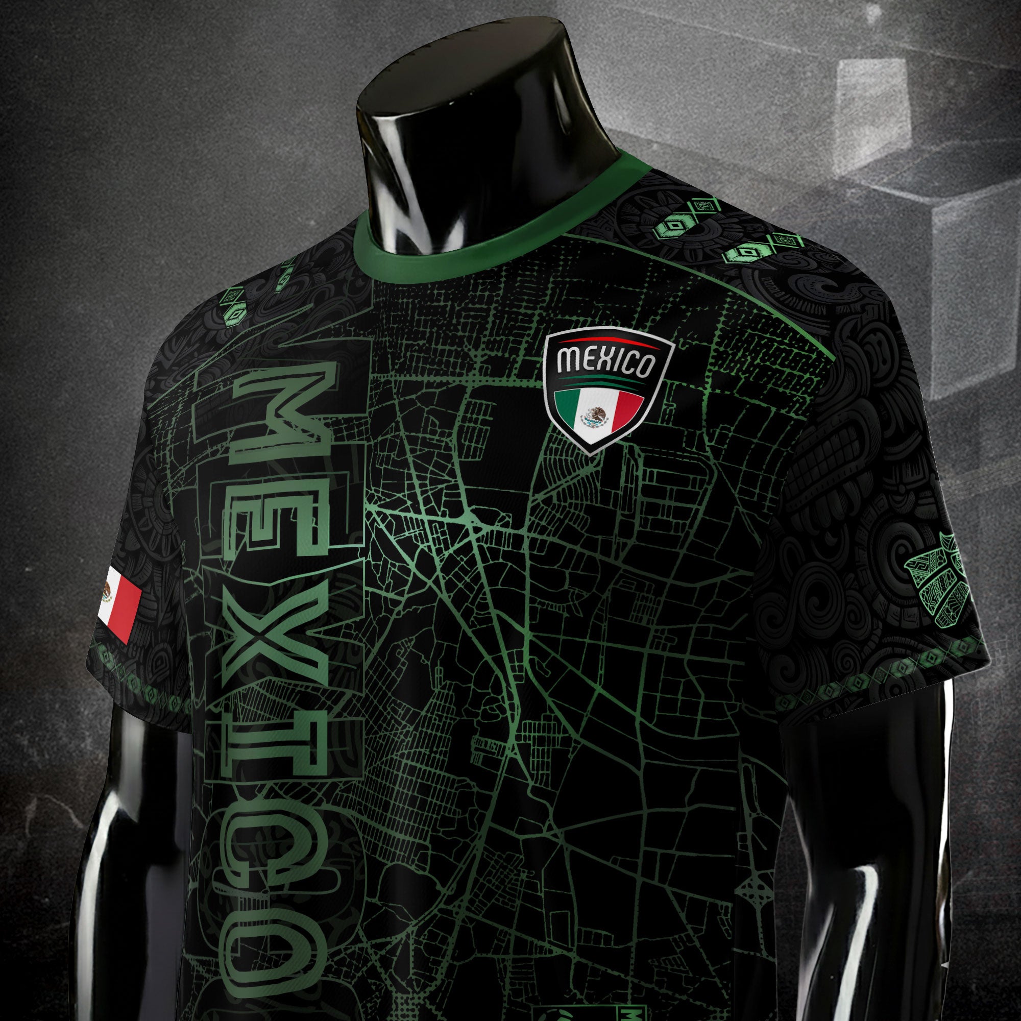 Mexico Soccer Jersey Black Green Map & Eagle Crest Design