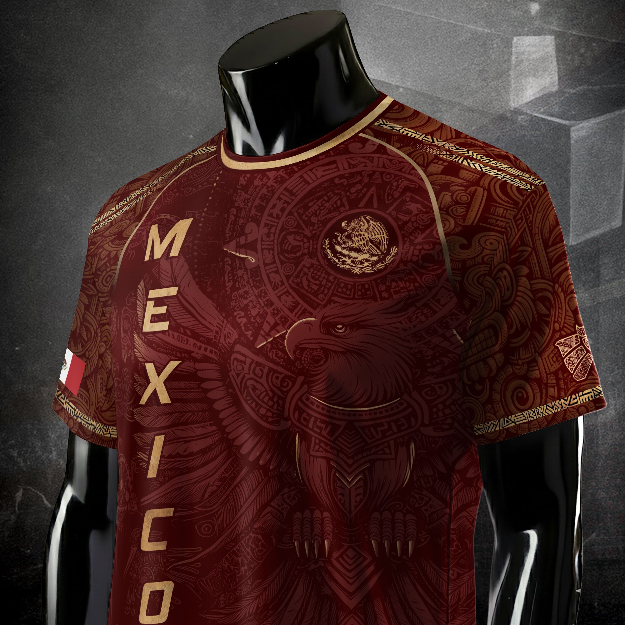 Mexico Soccer Jersey Red Gold Aztec Eagle & National Emblem