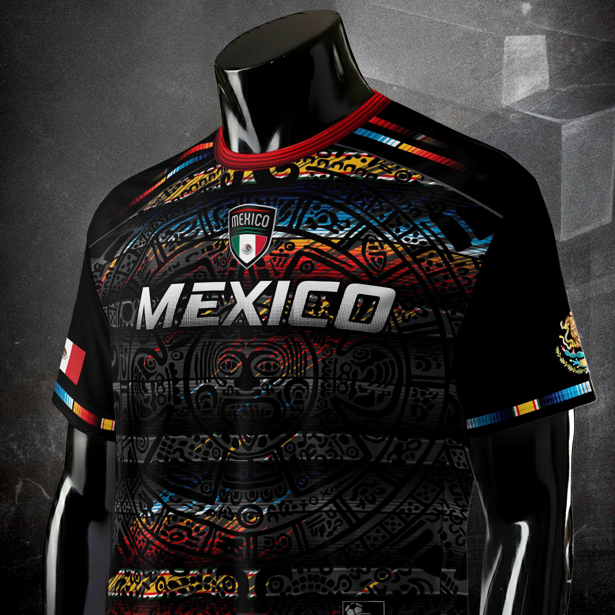 Mexico Soccer Jersey Black Aztec Calendar with Color Accents