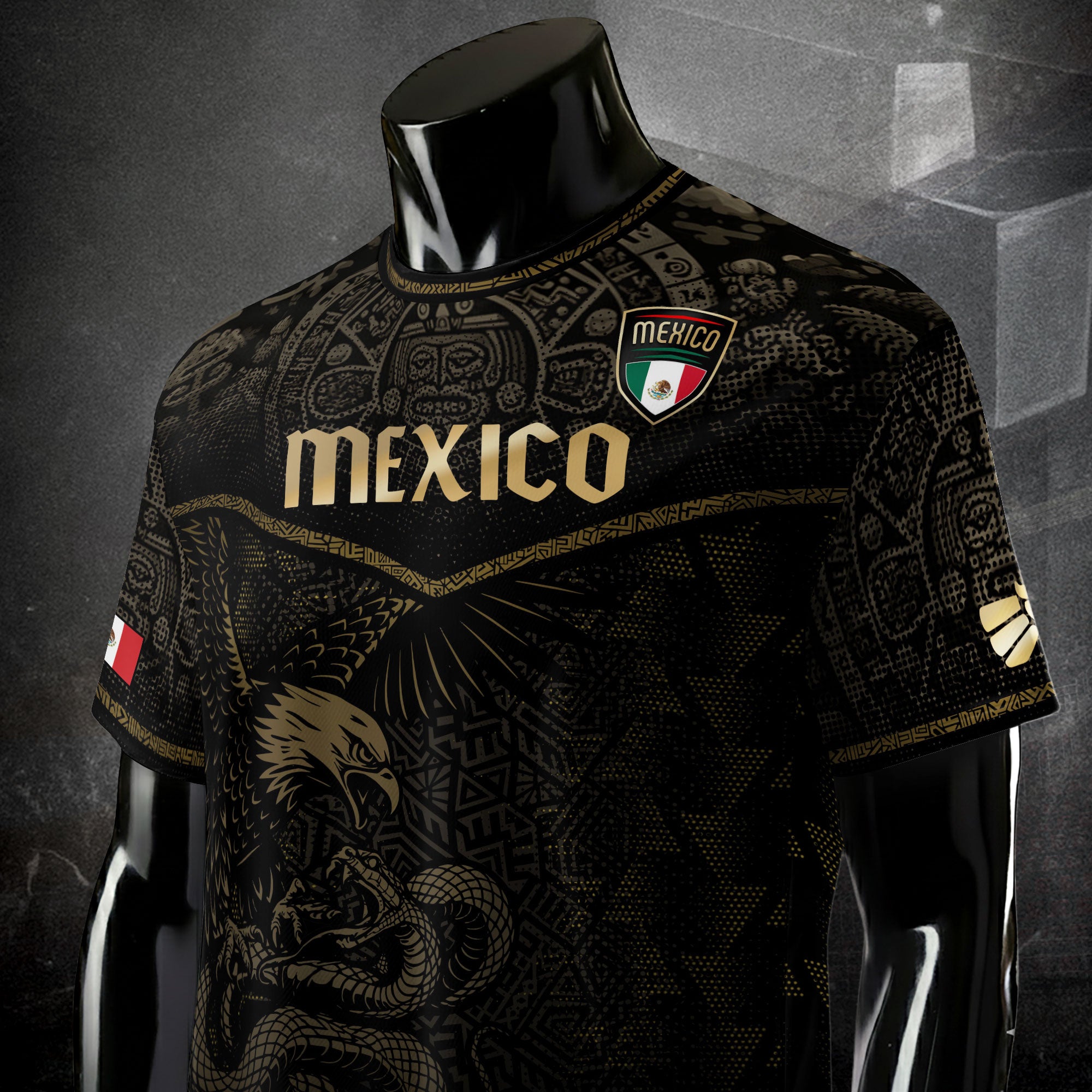 Mexico Soccer Jersey Black Gold Eagle & Snake Aztec Design