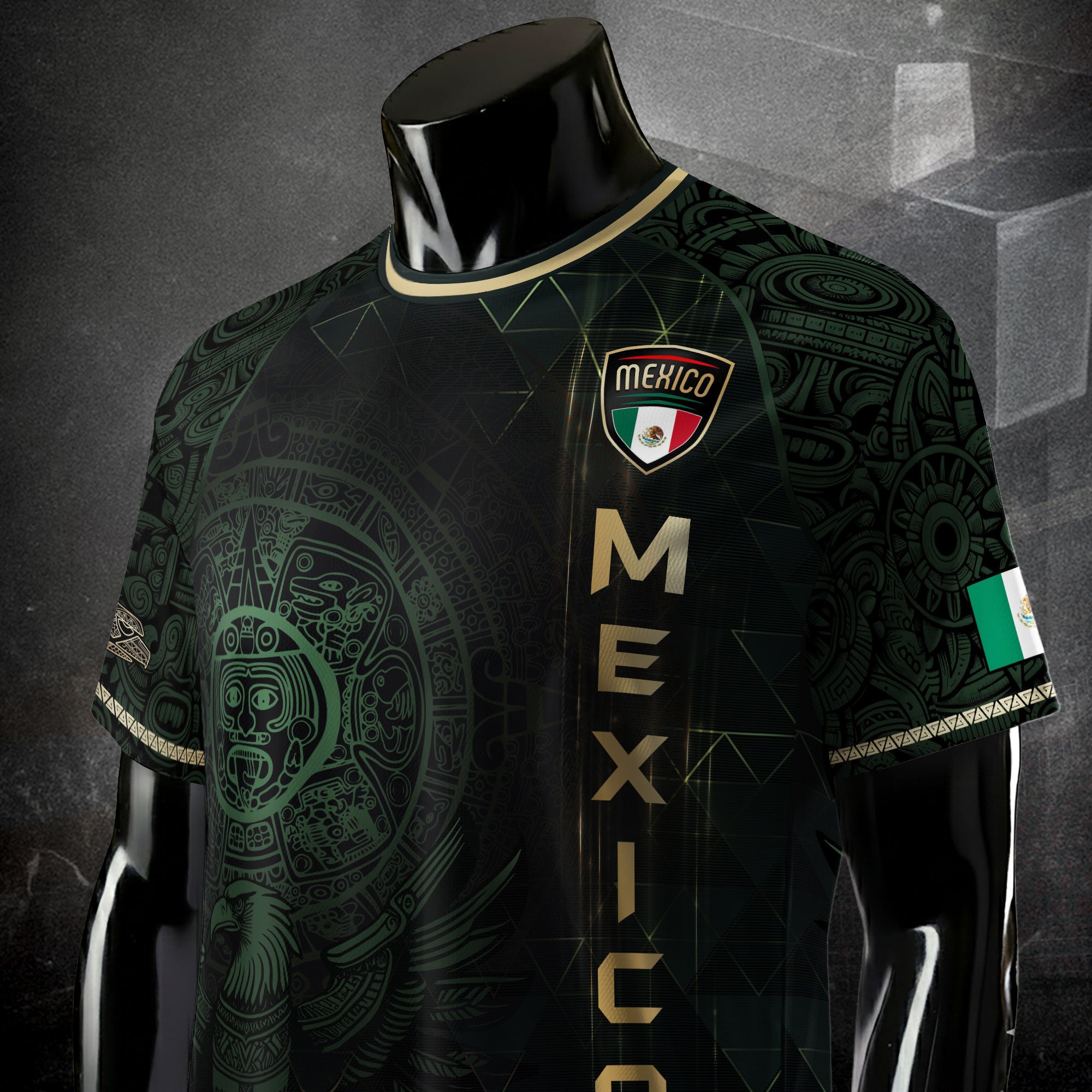 Mexico Soccer Jersey Dark Green Gold Aztec Calendar & Eagle Emblem