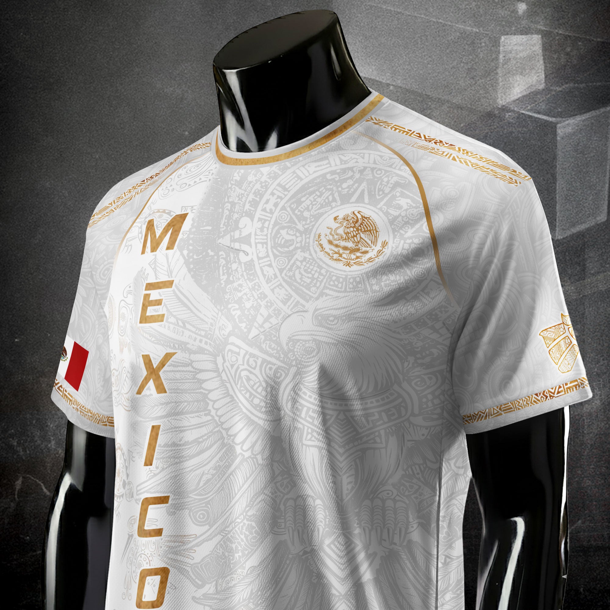 Mexico Soccer Jersey White Gold Aztec Eagle Design