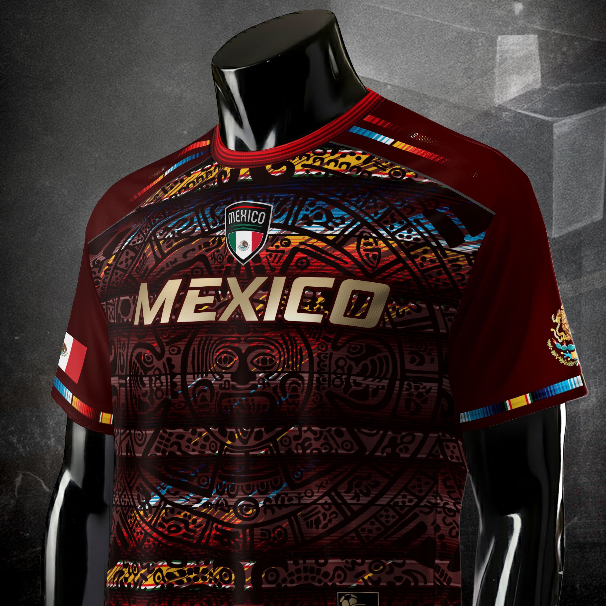 Mexico Soccer Jersey Red Multitone Aztec Calendar & Eagle Crest