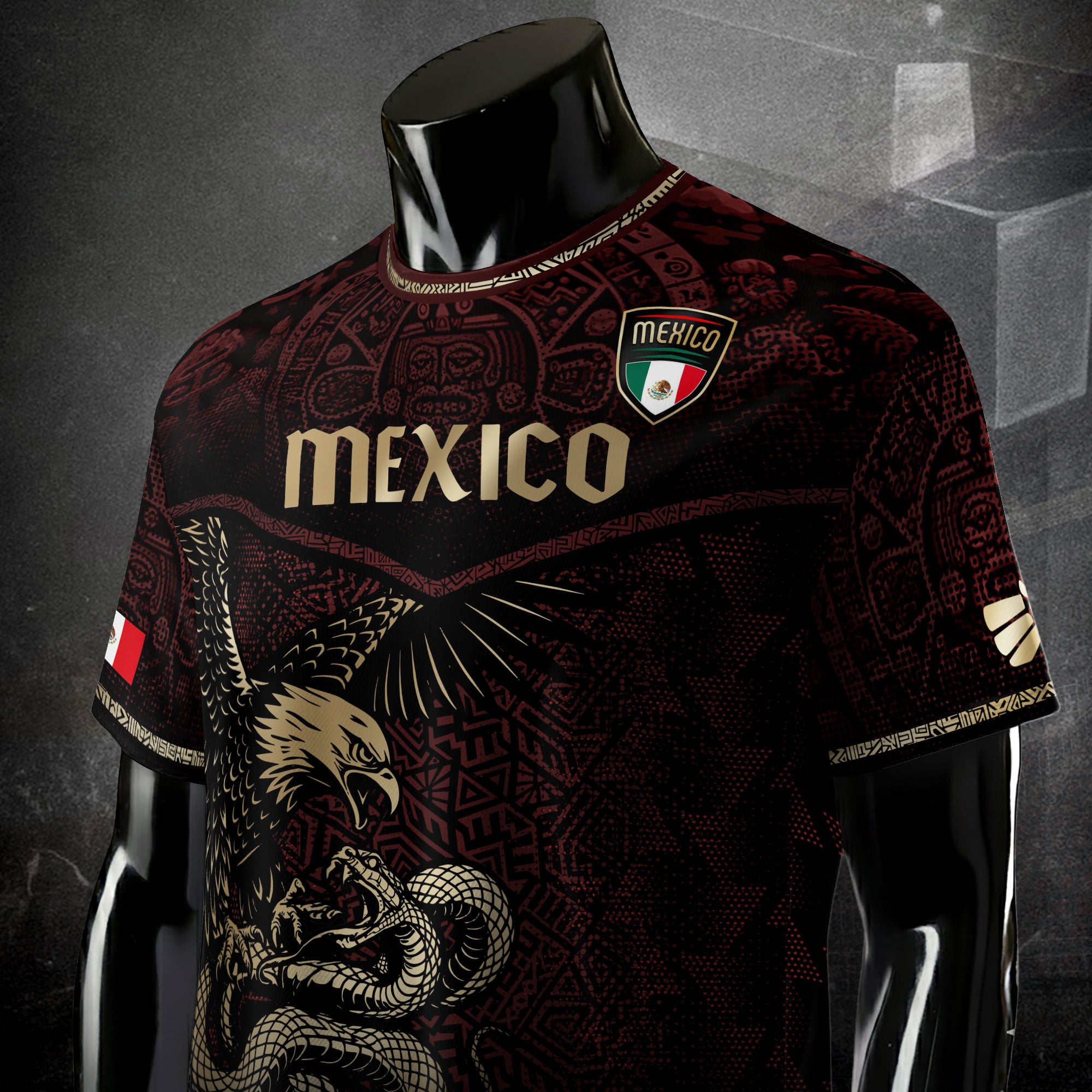 Mexico Soccer Jersey Maroon Gold Aztec Eagle & Serpent Design