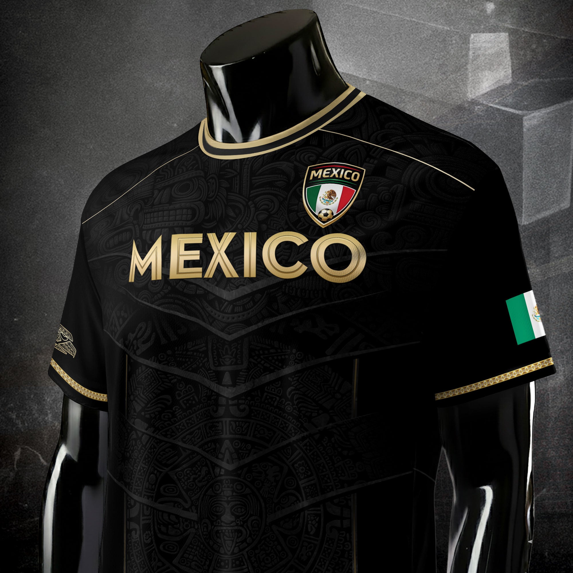 Camiseta de fútbol premium con emblema de águila azteca verde y dorado de México