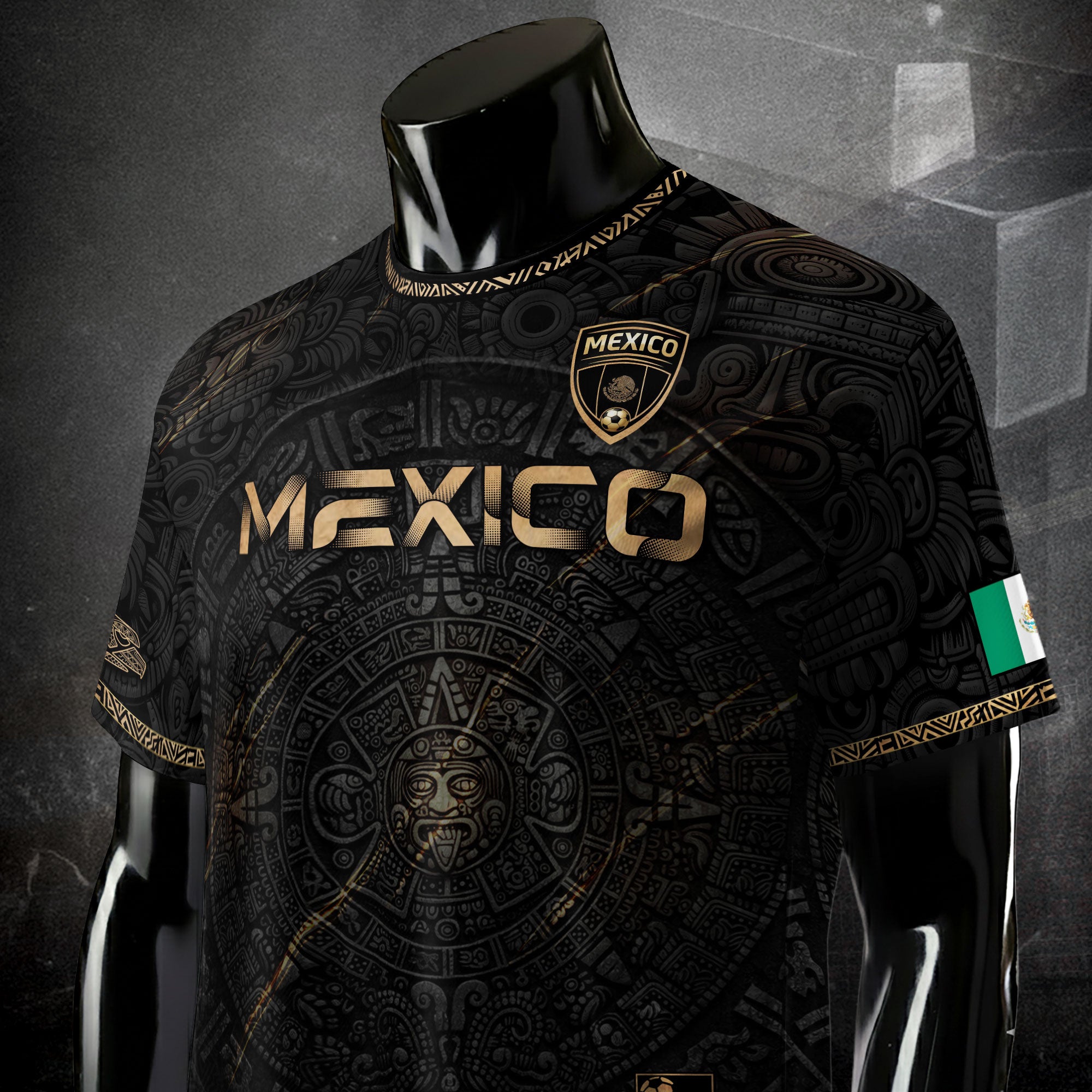 Mexico Black Gold Aztec Calendar Eagle Heritage National Football Soccer Jersey