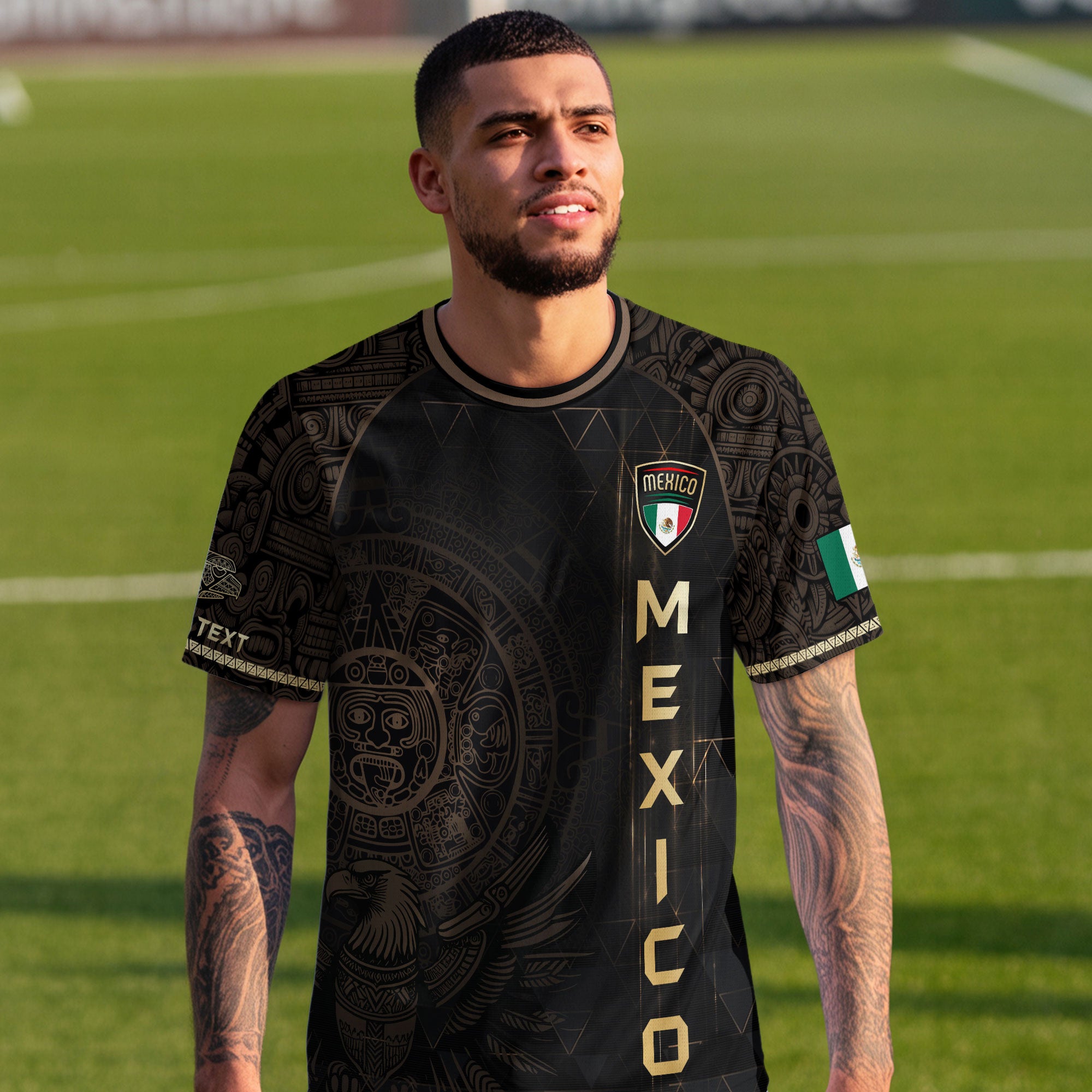 Custom Mexico Soccer Jersey Black Gold Aztec Heritage Design