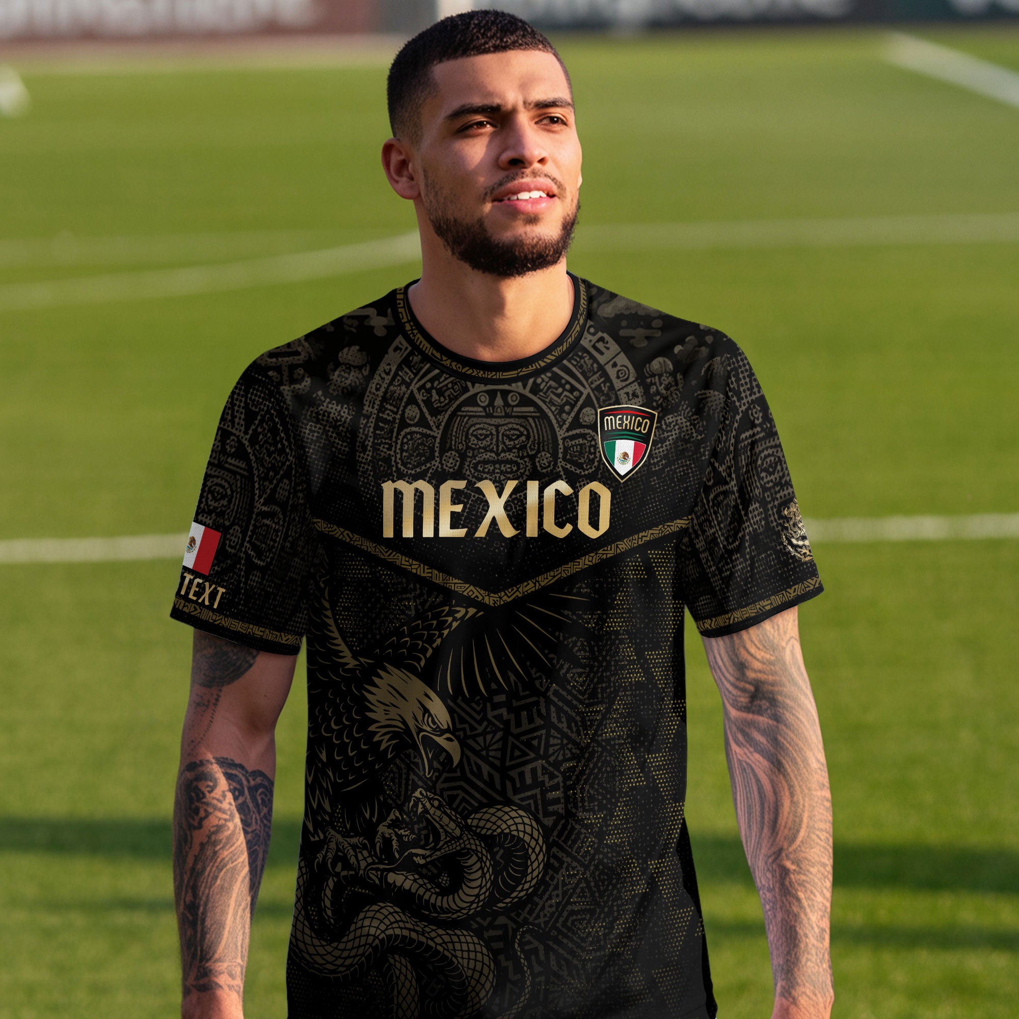 Custom Mexico Soccer Jersey Black Gold Aztec Eagle Serpent Design