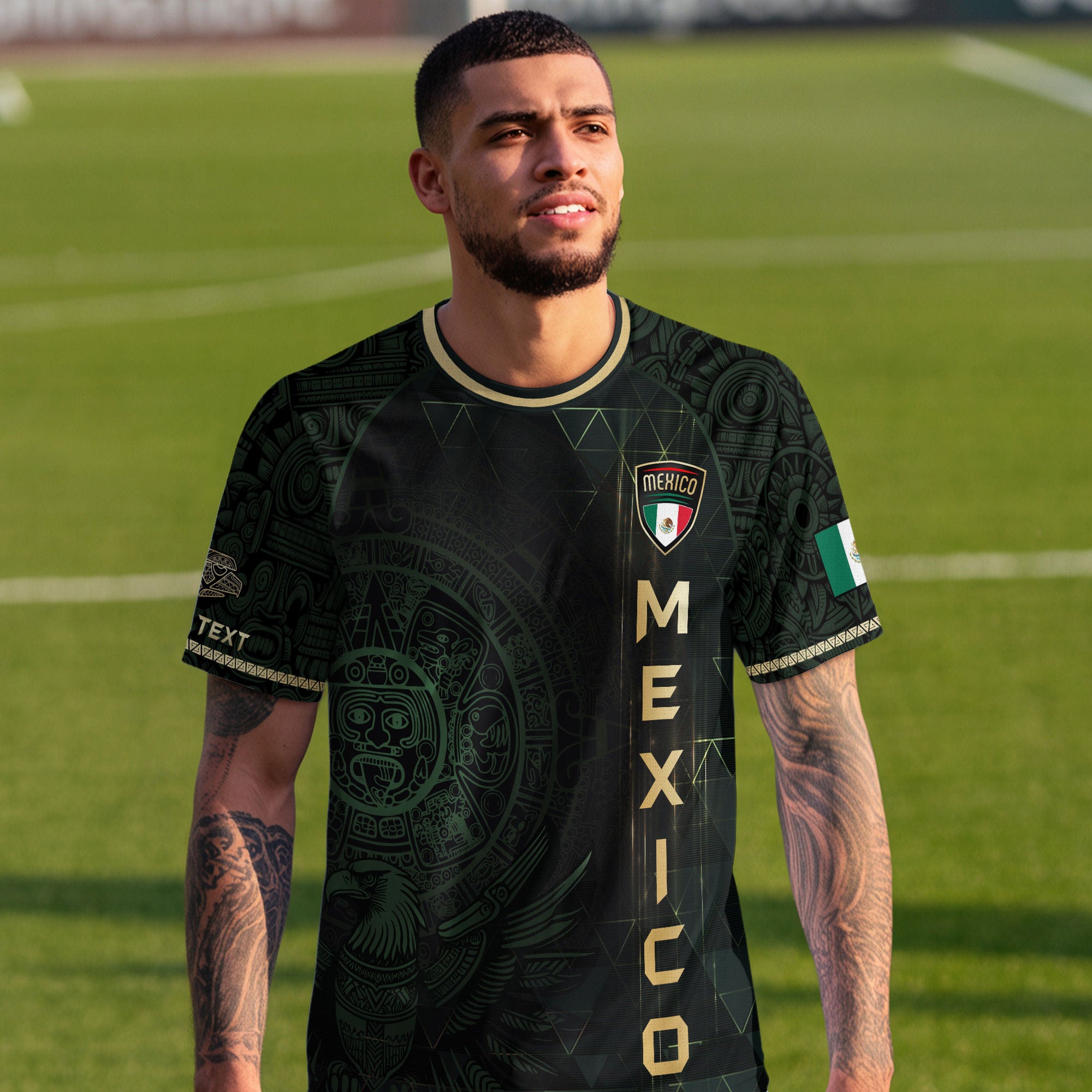 Custom Mexico Soccer Jersey Black Gold Heritage Aztec Calendar Design