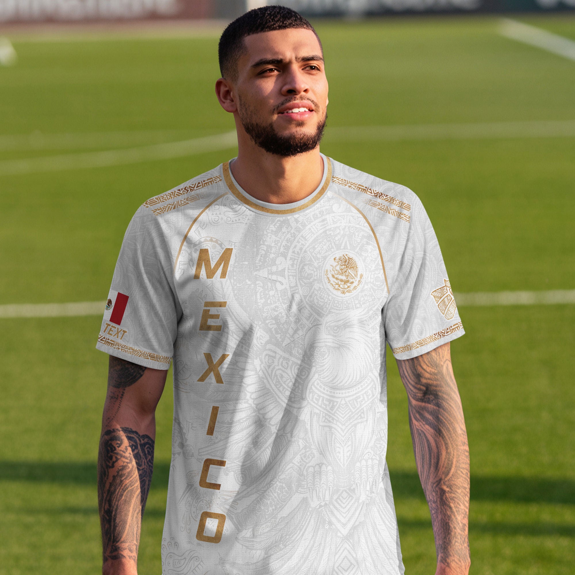 Custom Mexico Soccer Jersey White Gold Heritage Aztec Eagle Design