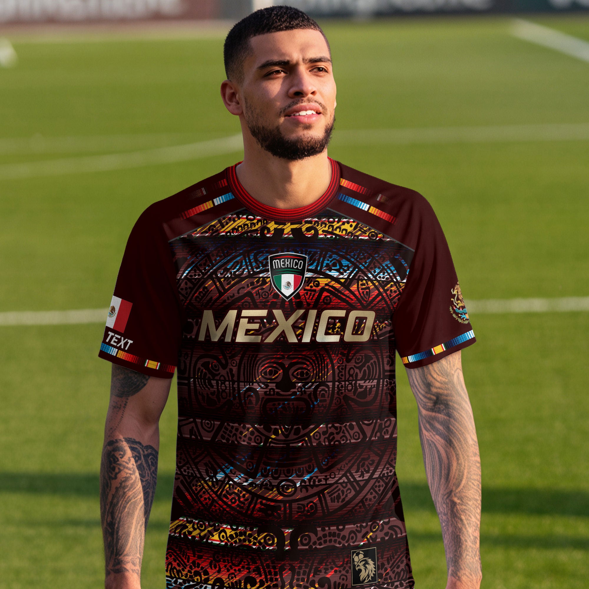 Custom Mexico Soccer Jersey Burgundy Gold Heritage Aztec Calendar Design