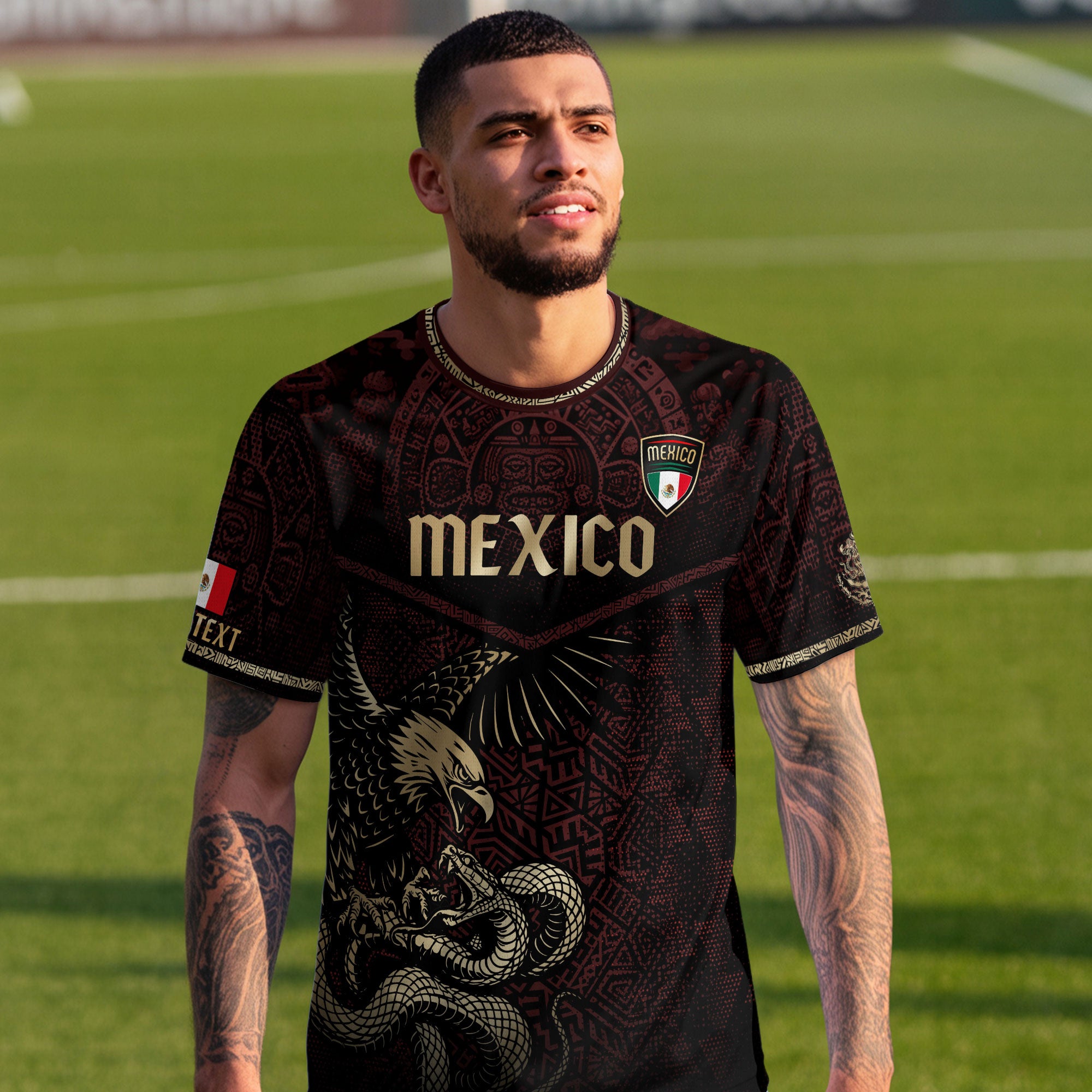 Custom Mexico Soccer Jersey Burgundy Gold Aztec Eagle Serpent Design