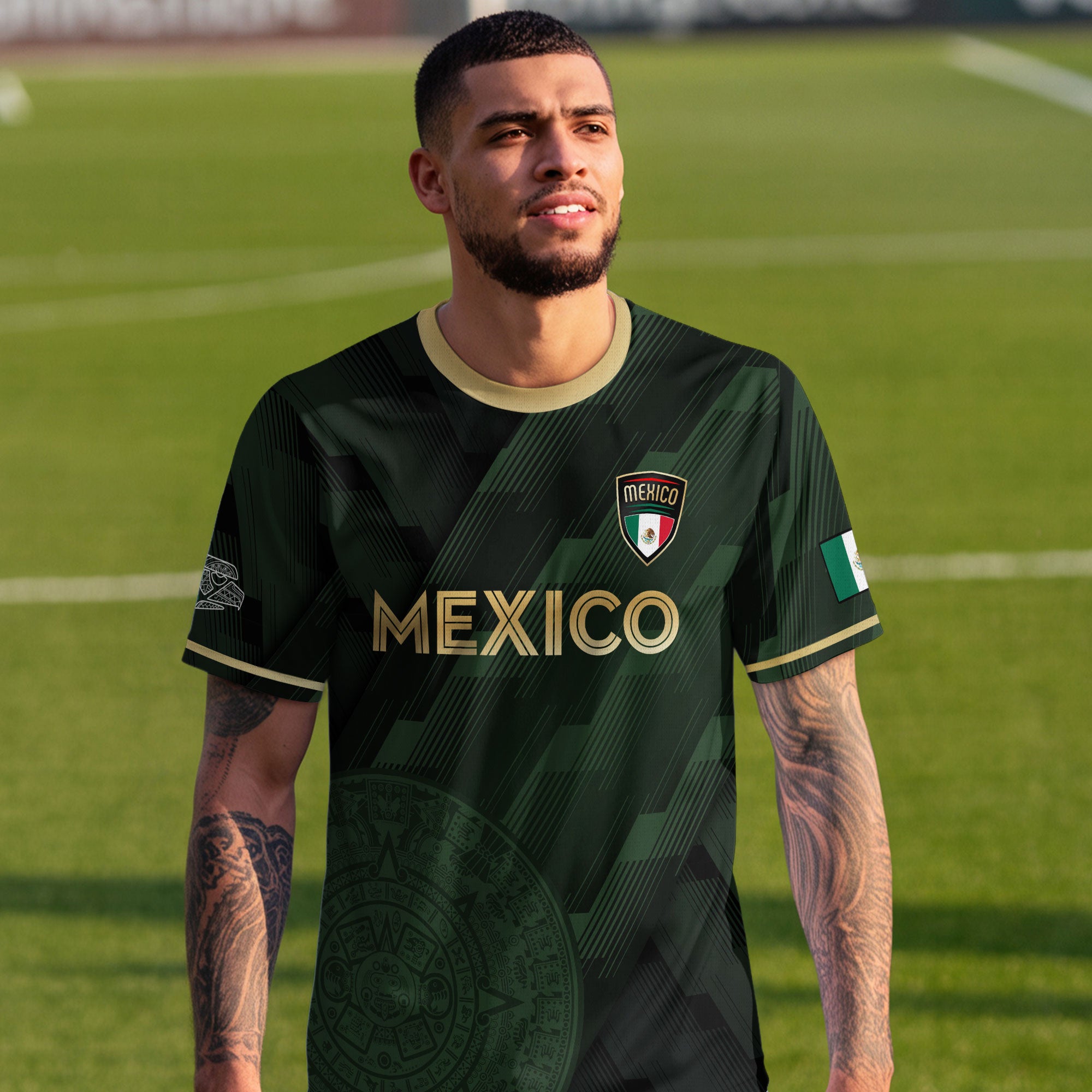 Mexico Green Soccer Jersey with Golden Aztec Sunstone Design