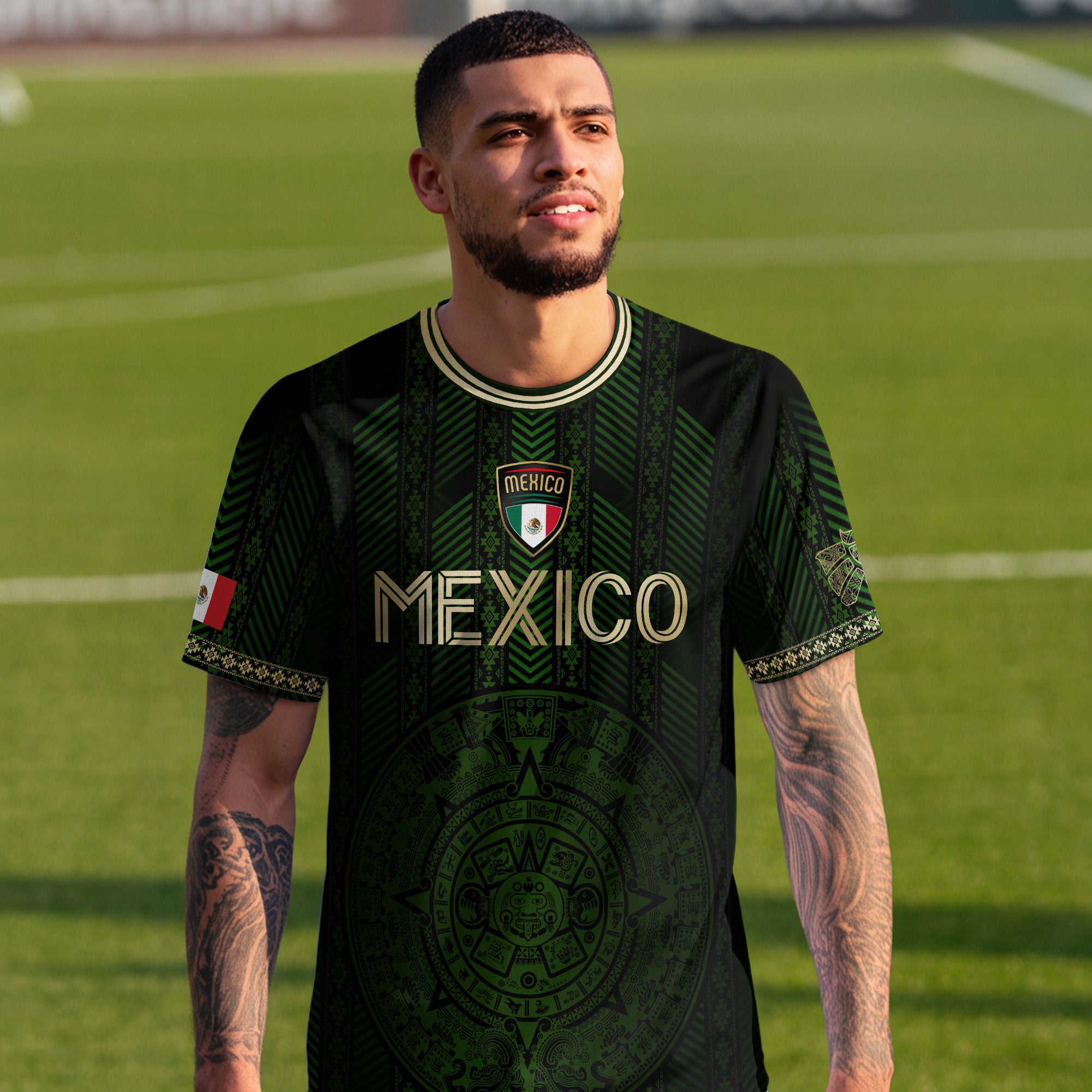 Mexico Green Soccer Jersey with Golden Aztec Calendar and Eagle Crest