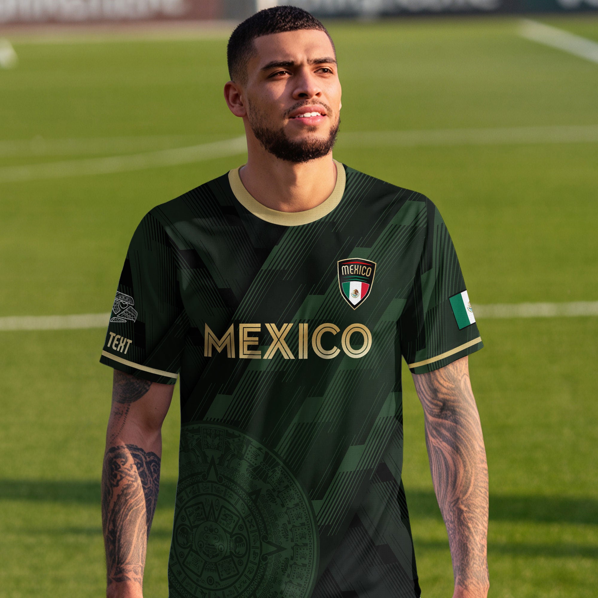 Custom Mexico Green Soccer Jersey with Golden Aztec Calendar Design