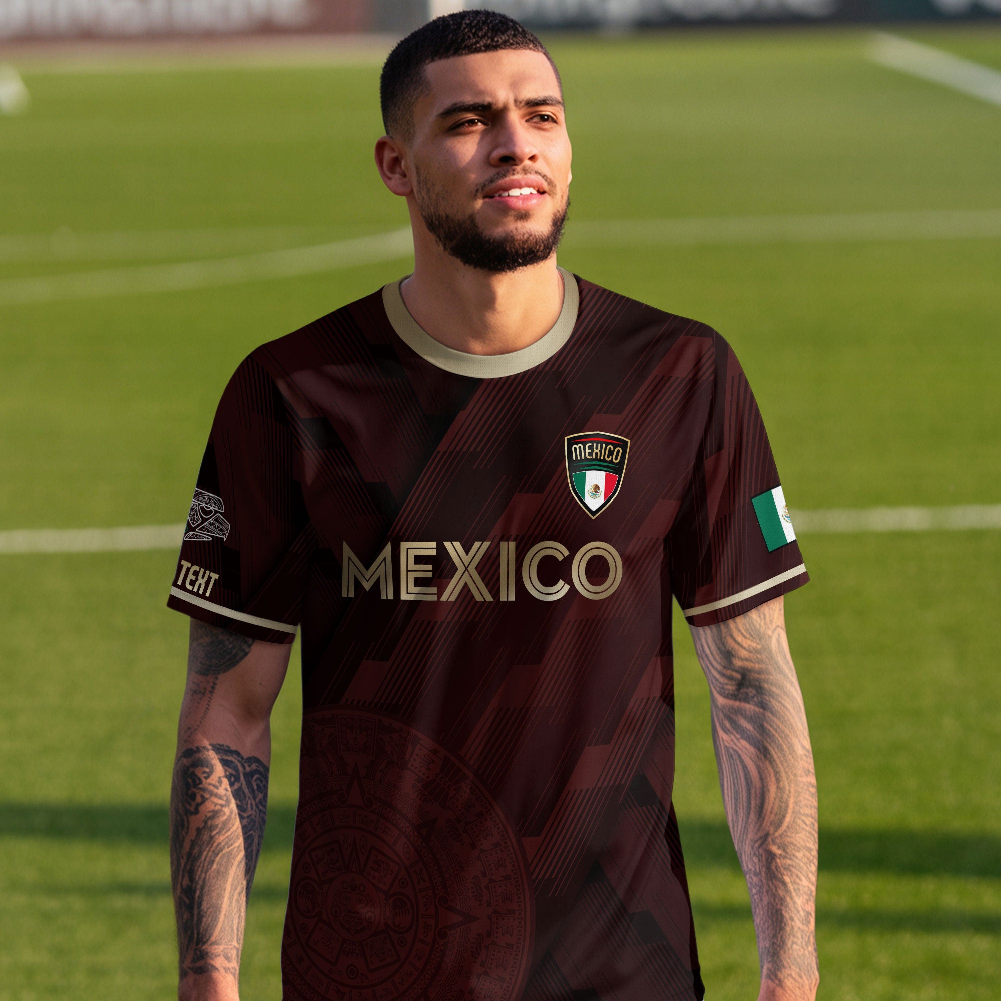 Custom Mexico Maroon Soccer Jersey with Golden Aztec Calendar Pattern