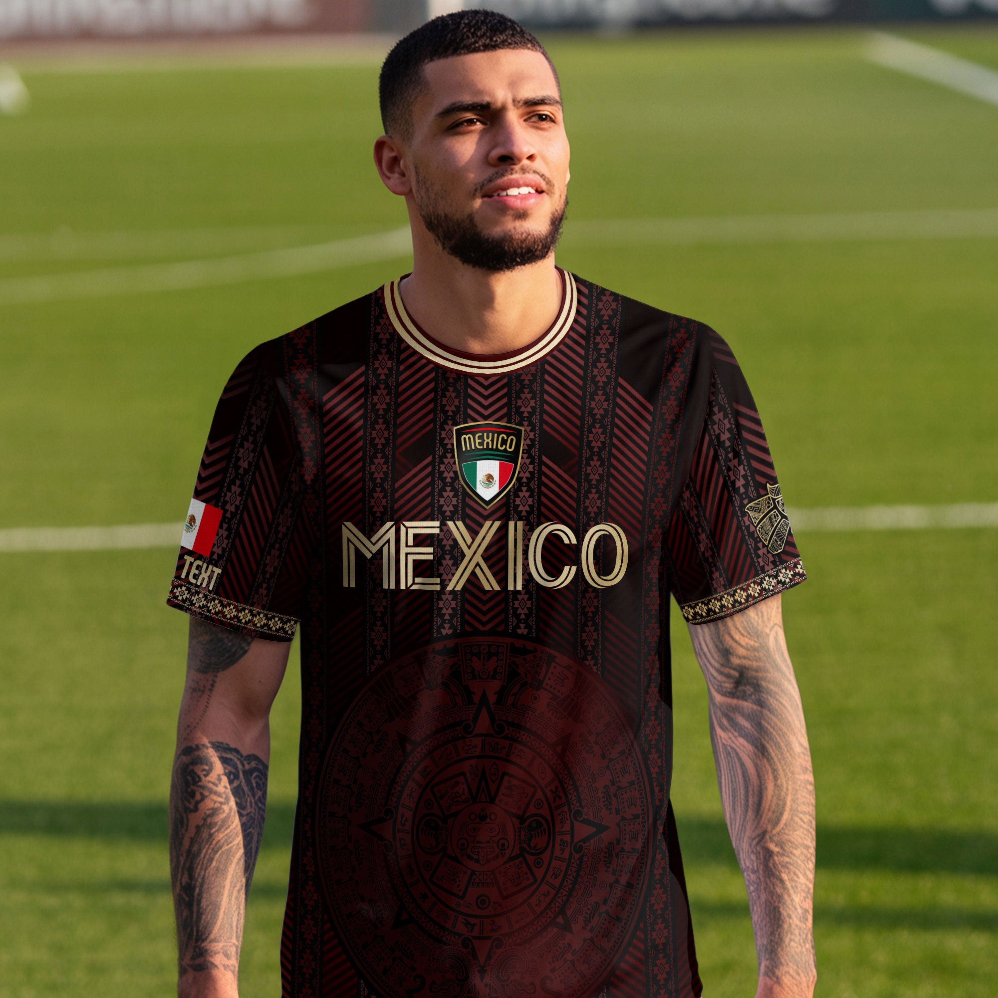 Custom Mexico Burgundy Soccer Jersey with Golden Aztec Calendar Design