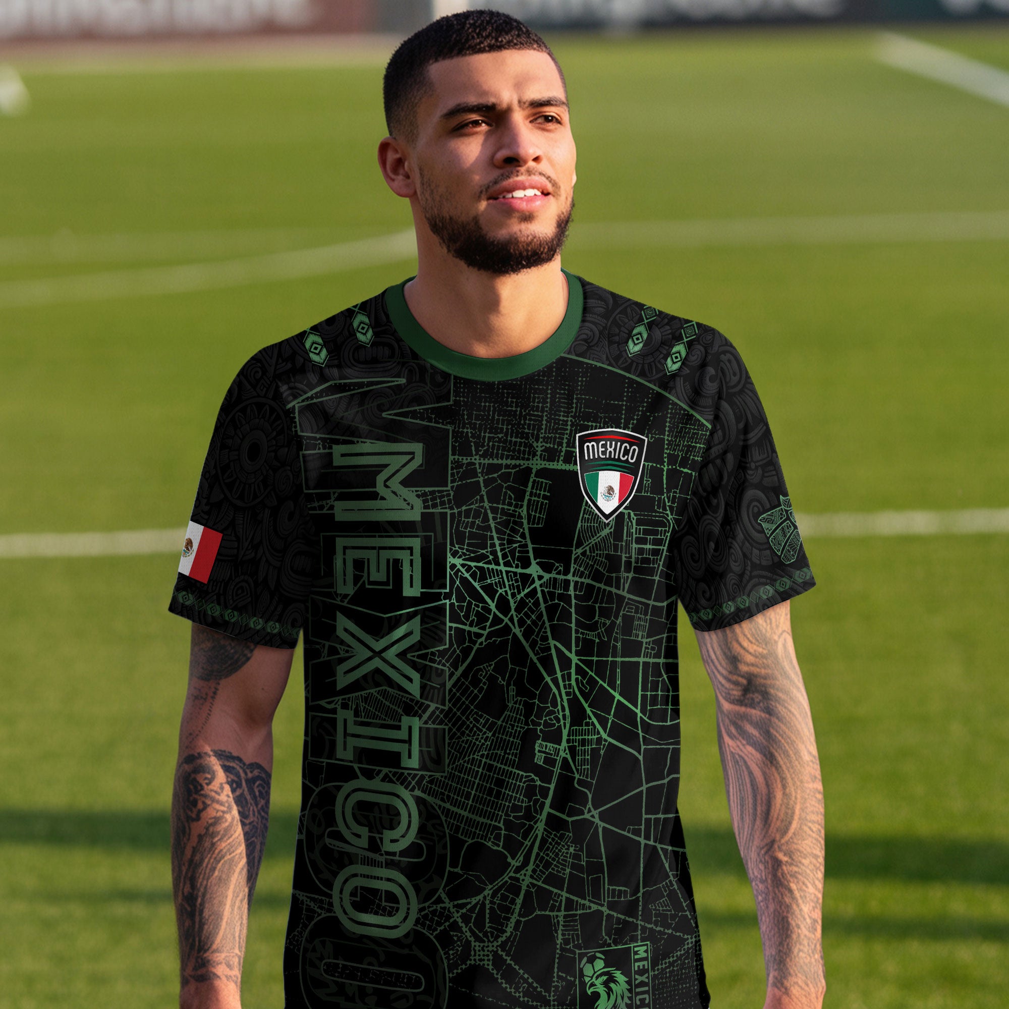 Mexico Soccer Jersey Black Green Map & Eagle Crest Design
