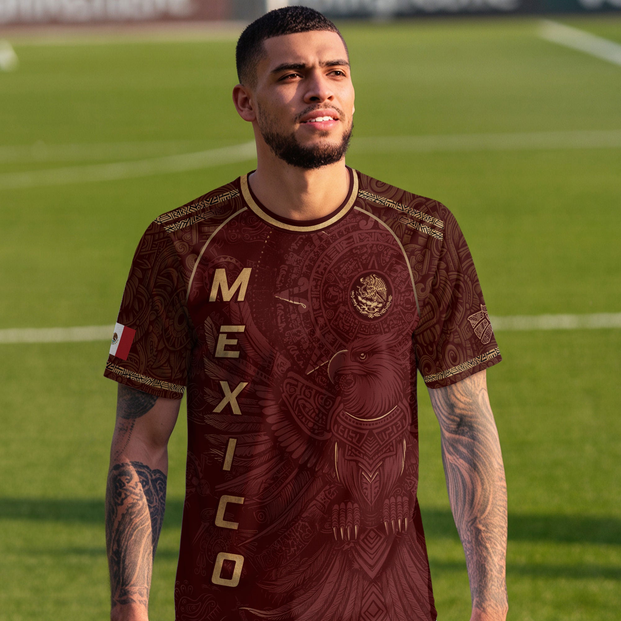 Mexico Soccer Jersey Red Gold Aztec Eagle & National Emblem