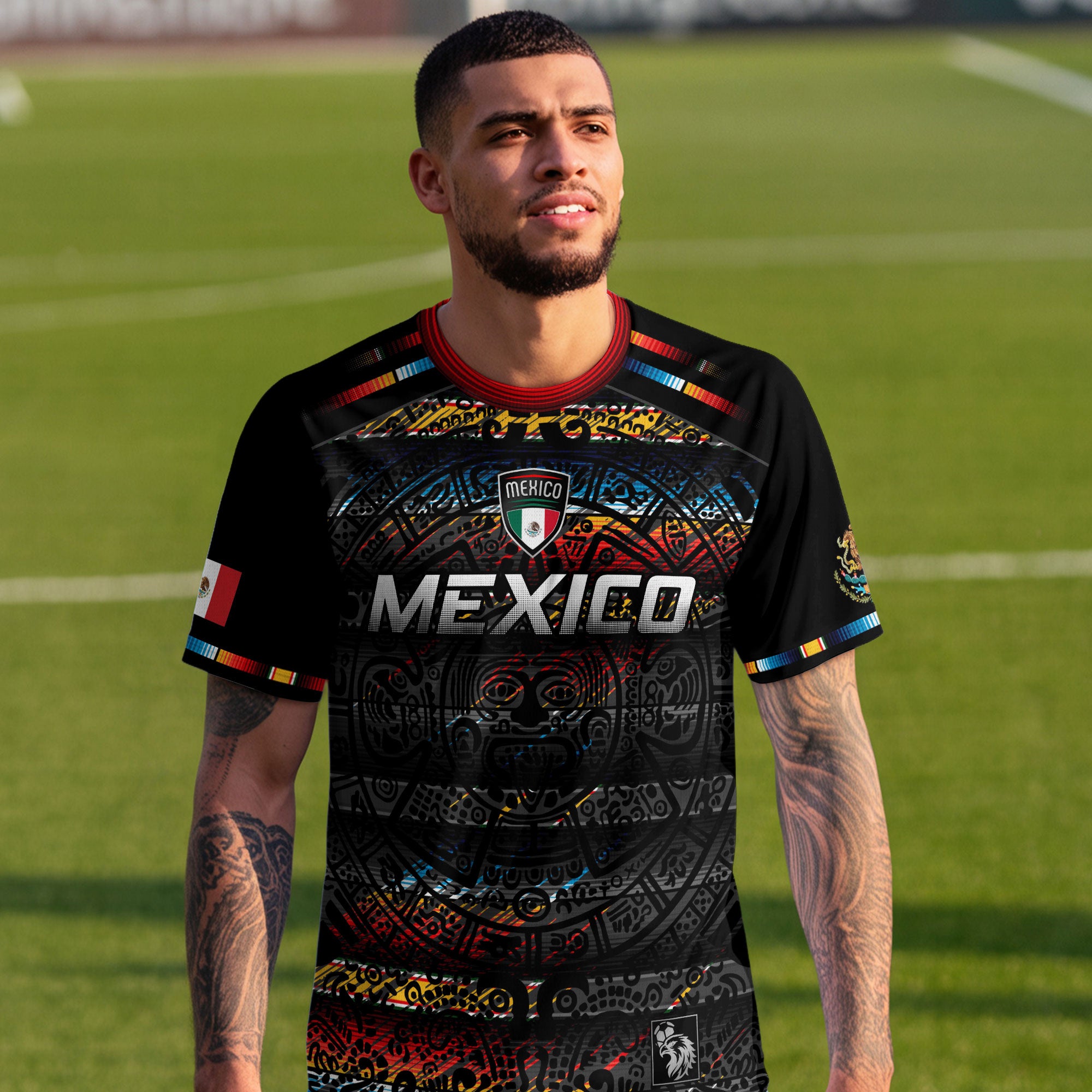 Mexico Soccer Jersey Black Aztec Calendar with Color Accents