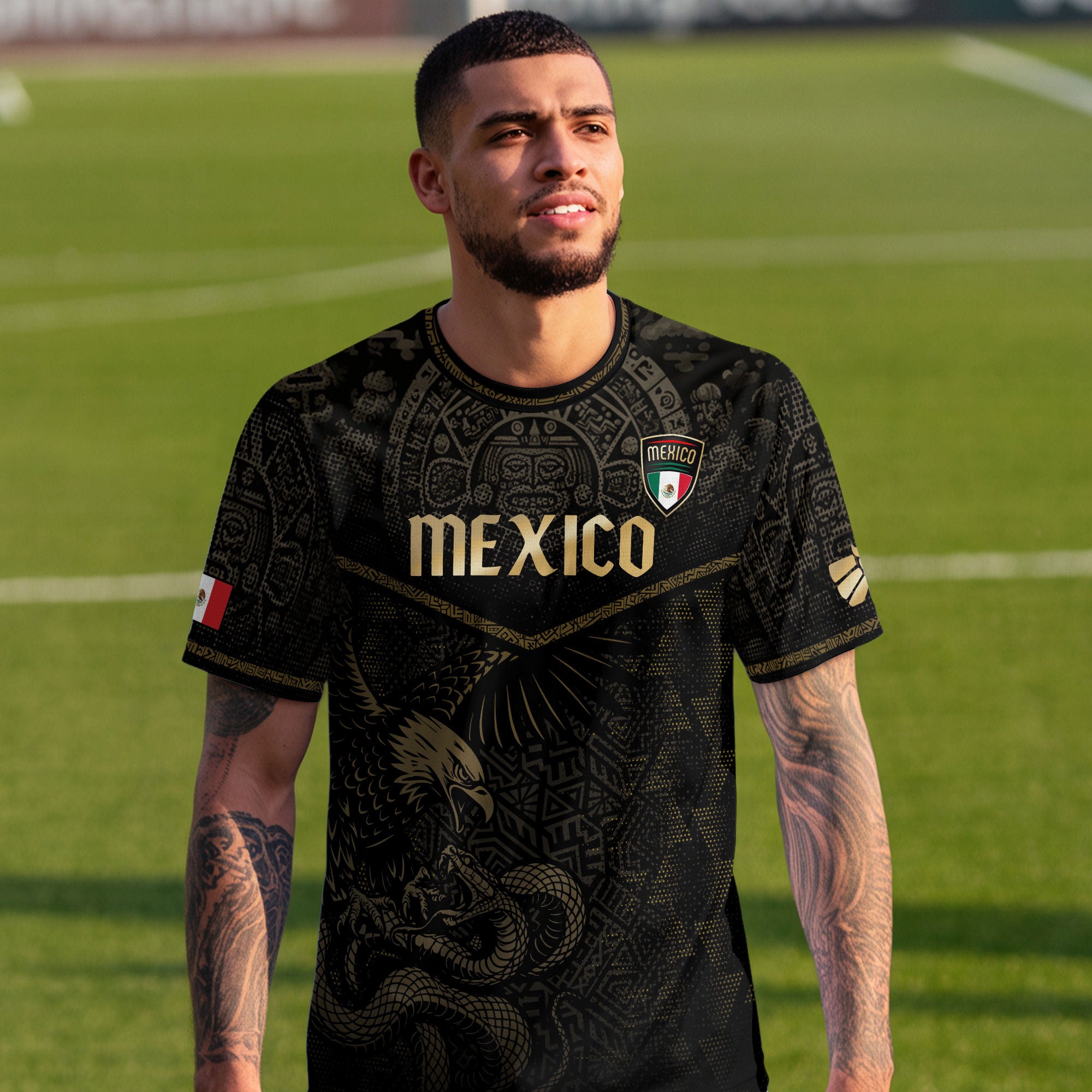 Mexico Soccer Jersey Black Gold Eagle & Snake Aztec Design
