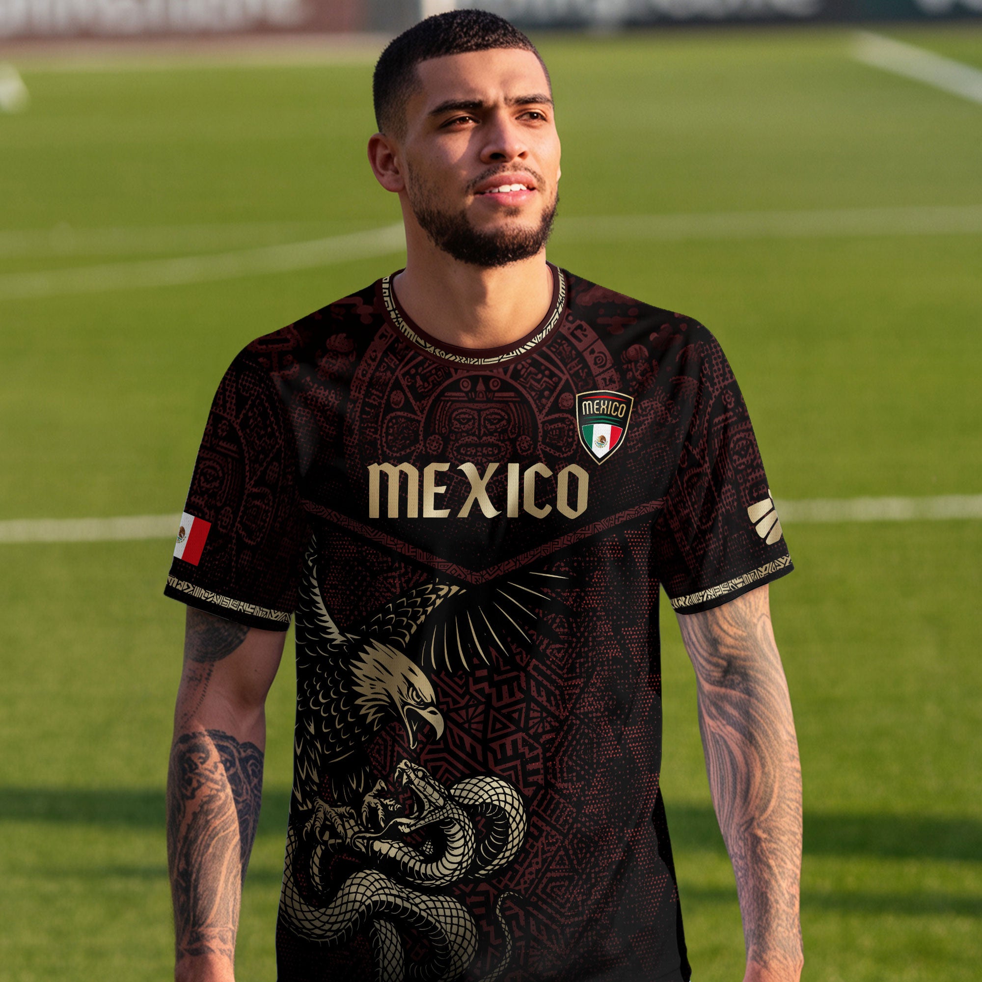 Mexico Soccer Jersey Maroon Gold Aztec Eagle & Serpent Design