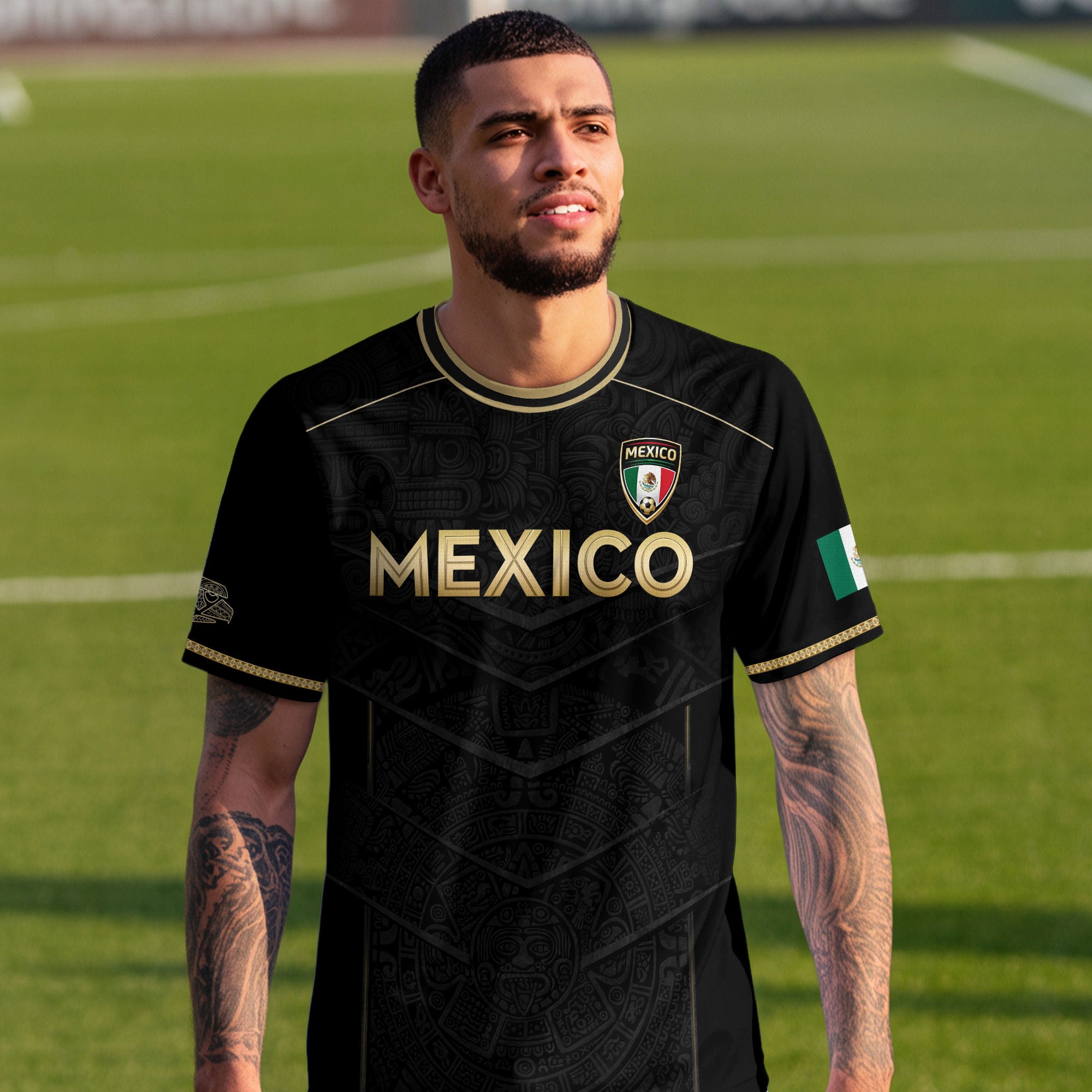 Camiseta de fútbol premium con emblema de águila azteca verde y dorado de México