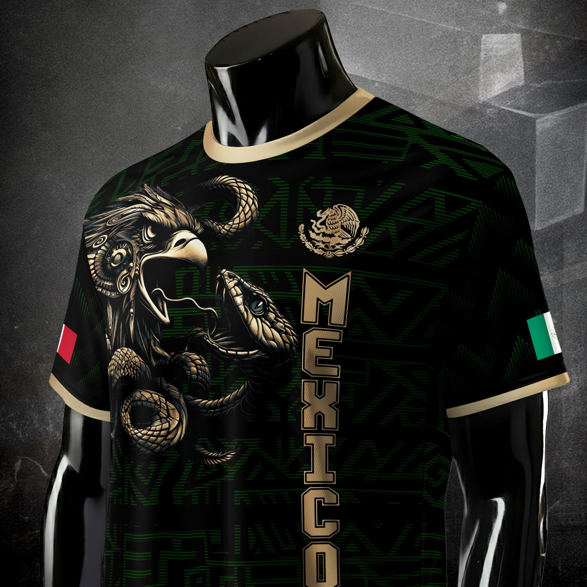 Mexico Black Gold Aztec Eagle Serpent Soccer Jersey