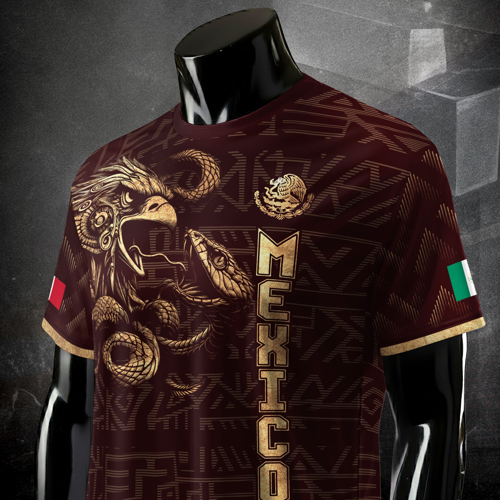 Mexico Burgundy Gold Aztec Eagle Serpent Soccer Jersey