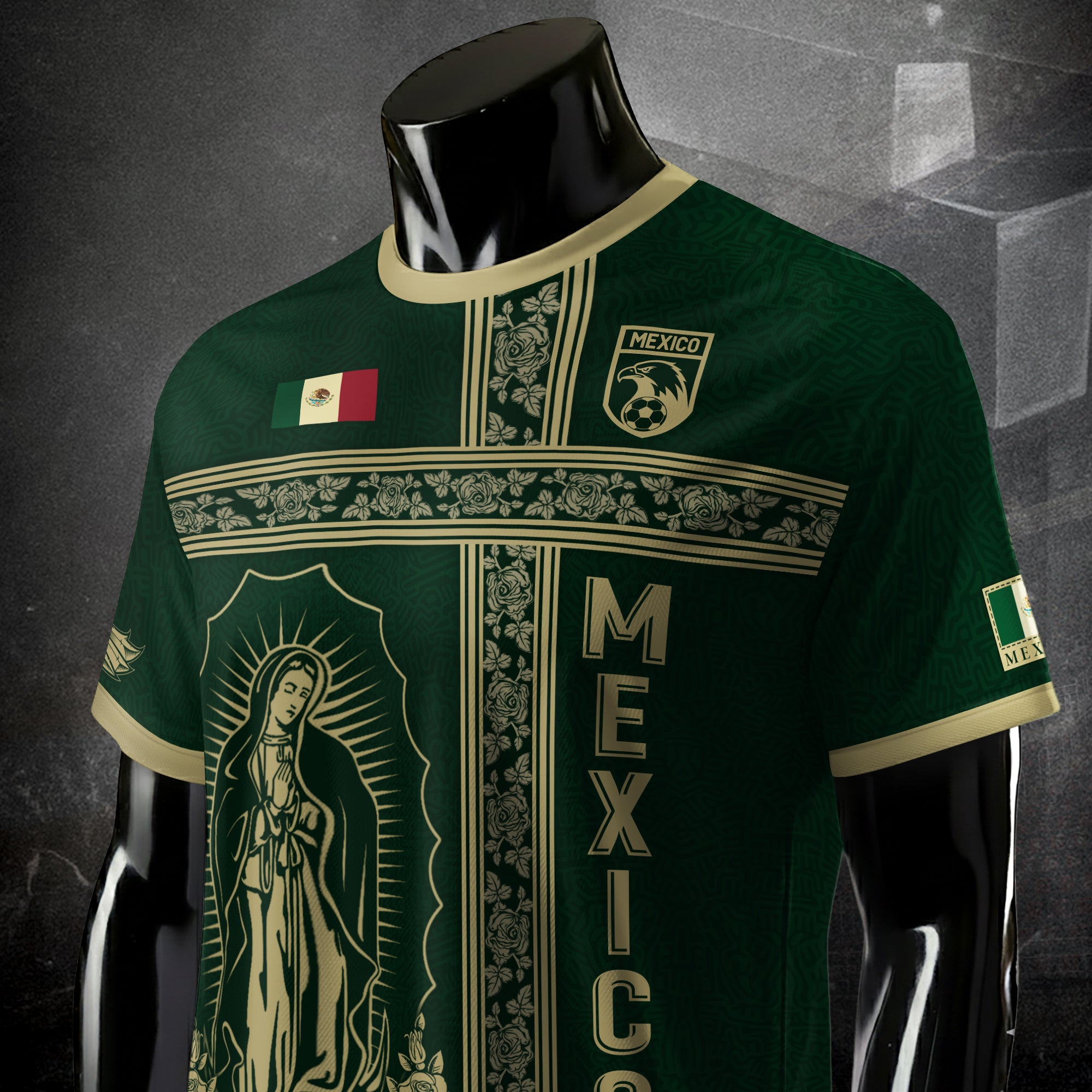 Mexico Soccer Jersey Green Gold Guadalupe Cross Design