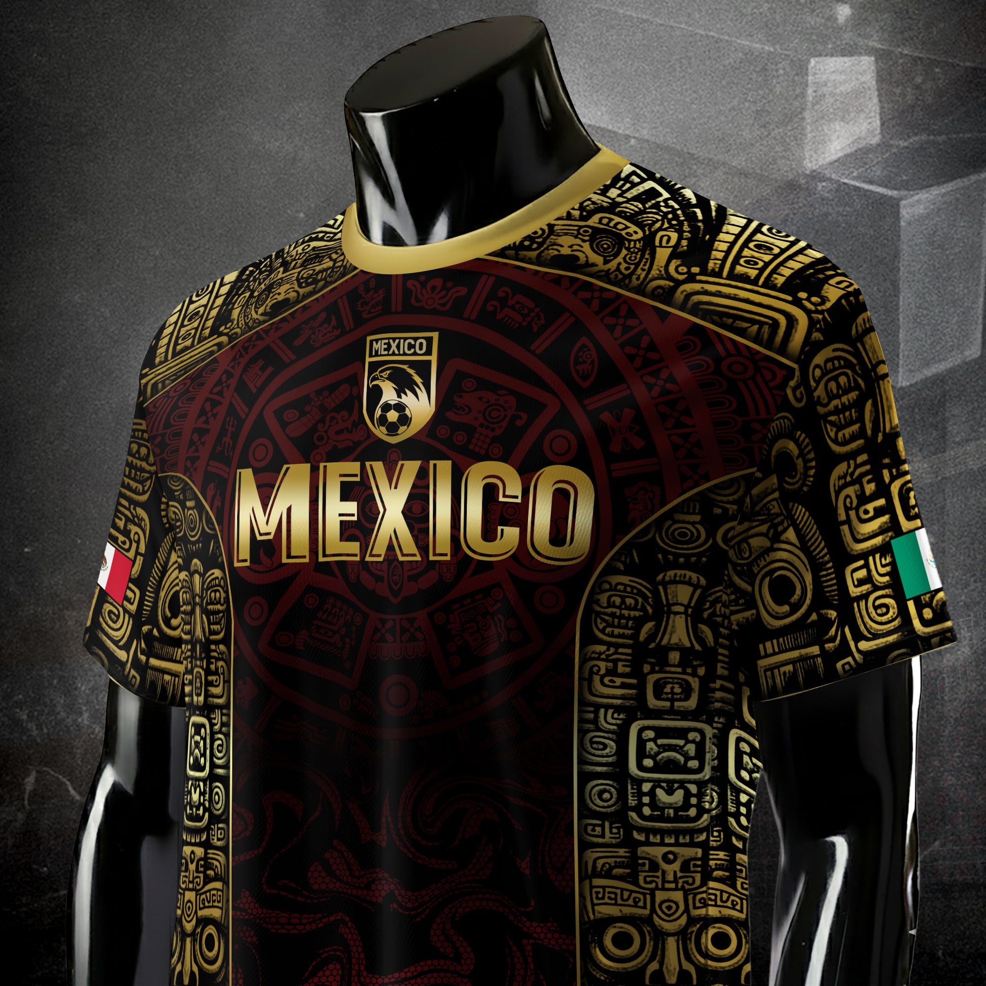 Mexico Soccer Jersey Black Red Gold Aztec Calendar Design