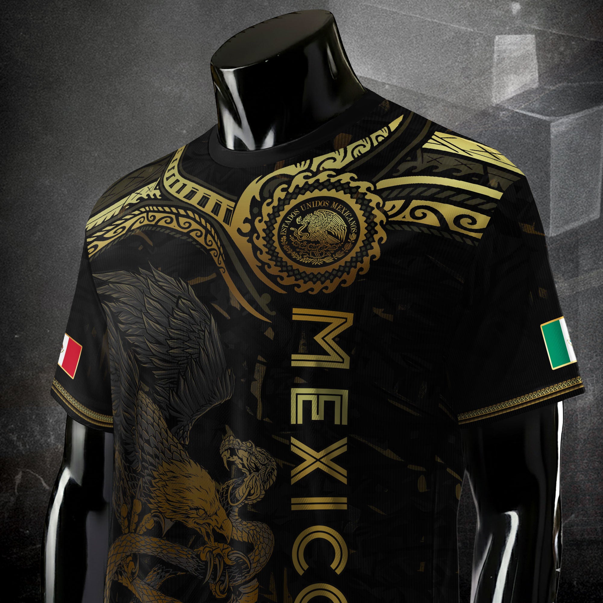 Mexico Soccer Jersey Black Gold Eagle Serpent Aztec Design