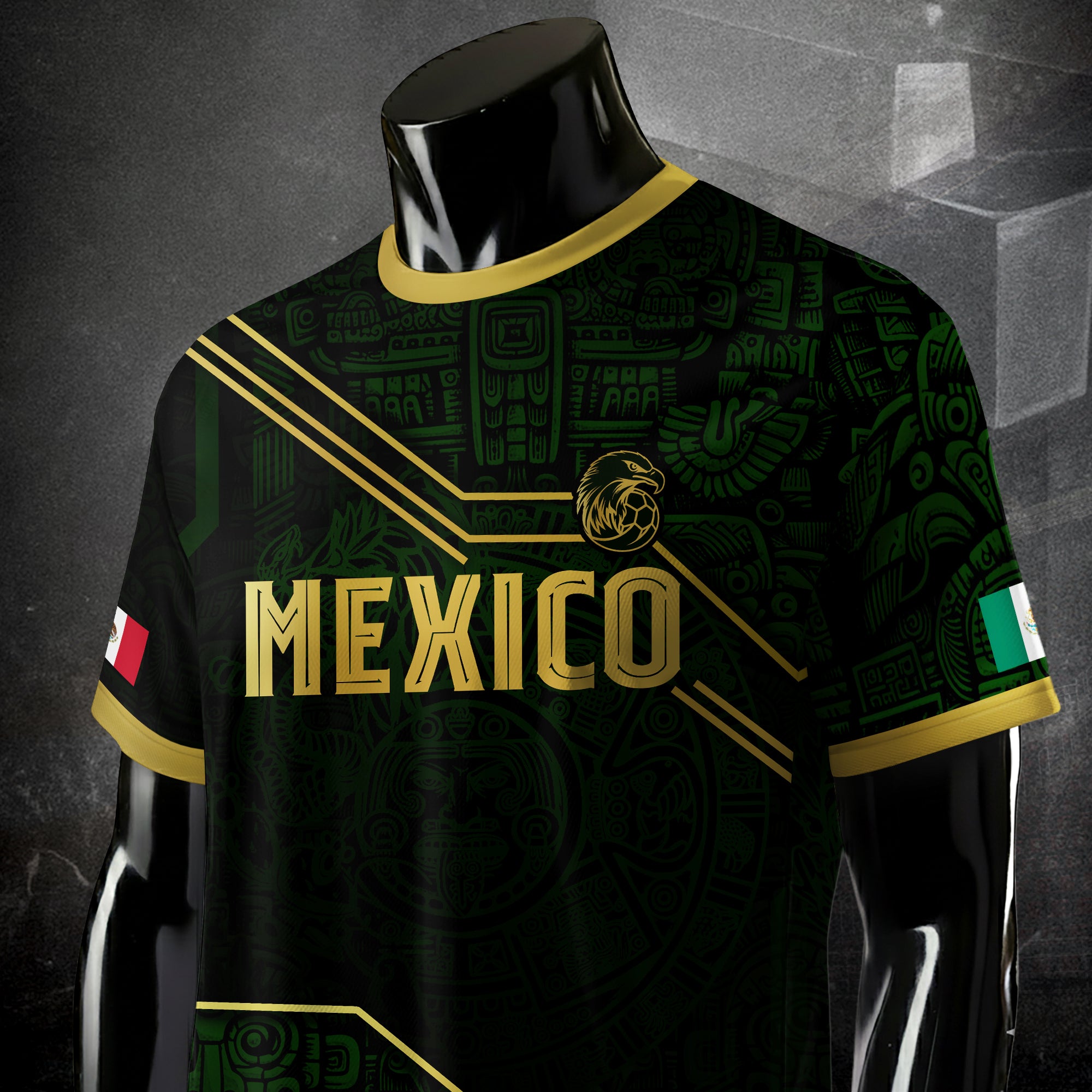 Mexico Soccer Jersey Black Green Gold Aztec Heritage Design